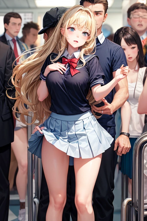 Men girls、top-quality、超高分辨率、Colossal tits、Exposed breasts、Blonde wavy hair、picture-perfect face、、beautifull expression、beauitful face、beautidful eyes、high school school uniforms、Girl student uniform、mini-skirts、White T-bag、beautifullegs、Metro train interior background、In a crowded train、(There were a lot of men on the train、male molester、 On the train)、(((( A man stands behind a female student、A man lifts up the skirt of a female student from behind、A man grabs a female student's butt from behind、A man grabs a female student's breasts from behind、Touch the chest))))、(The insertion(gender) 、 upon body、Huge amounts of pubic )、fearful expression、face flushed、