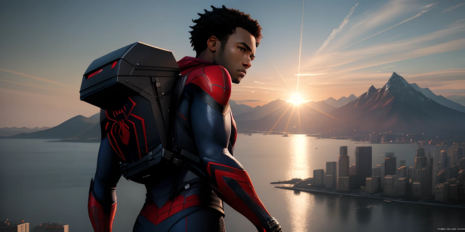 the amazing spider-man with his back to us, standing in front of a mountainous landscape with the sun behind him, male focus, 1boy, Cinematic screenshot of PS5, In front of a sci-fi cityscape, 2 0 2 1 Кинематографический 4 K FrameGrab, Donald Glover - Miles Morales, From the movie "The Avengers": endgame (2019), marvel movie still, Cinematic lighting, Рендеринг 8 K CG, A Wide Cinematic Look, with cinematic lighting