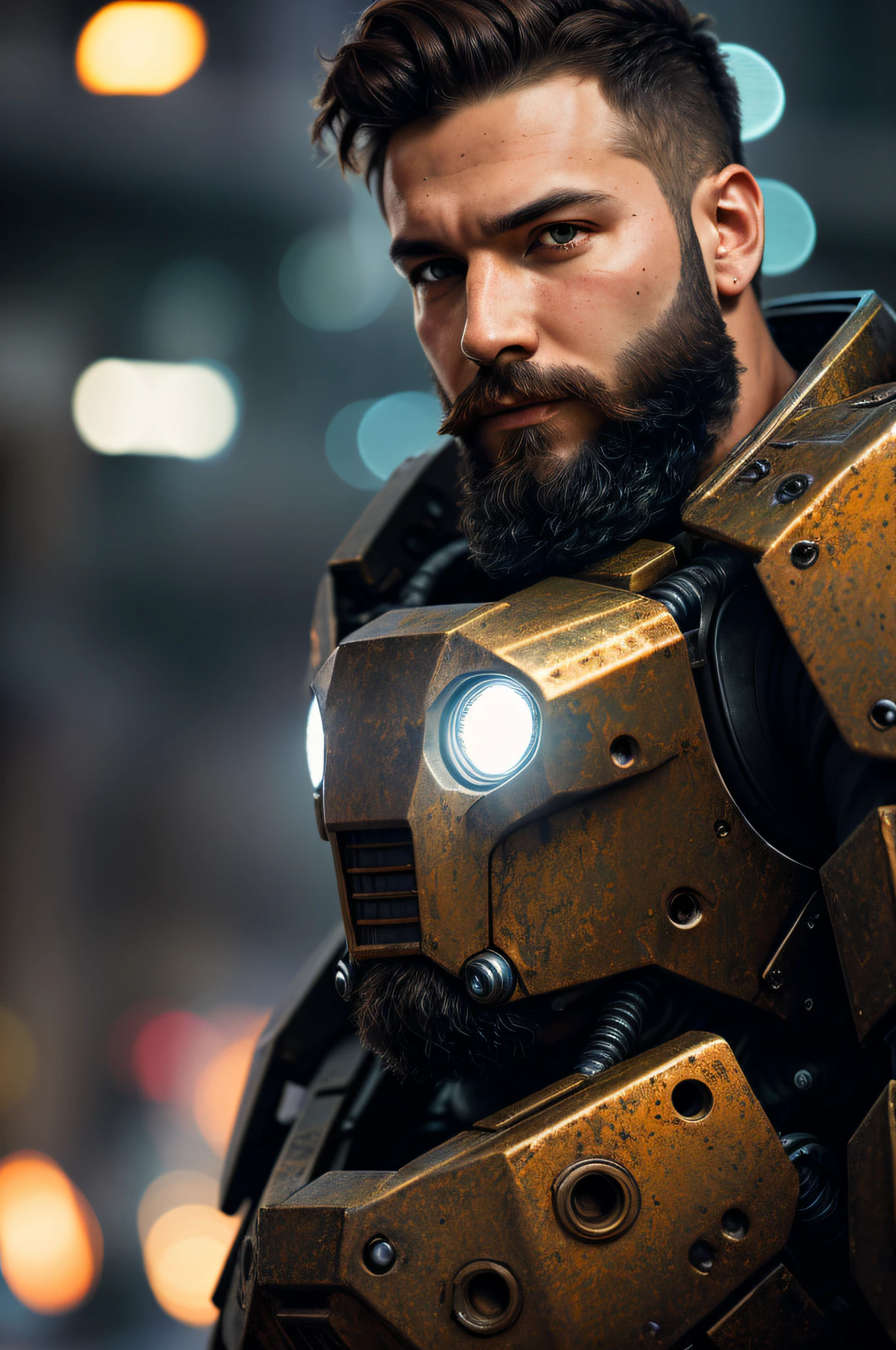 Portrait photo of muscular bearded guy in a worn mech suit, ((light bokeh)), intricate, (steel metal [rust]), elegant, sharp focus, photo by greg rutkowski, soft lighting, vibrant colors, masterpiece, ((streets)), detailed face