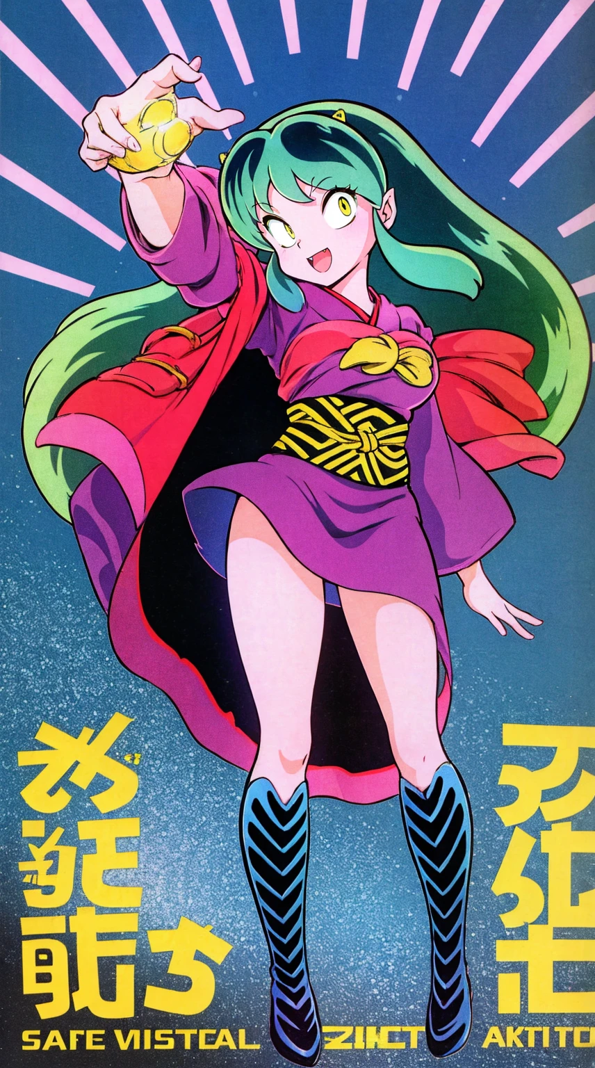 masterpiece, best quality,, corset, breastplate,lum, , urusei yatsura, cloak, pants, pullover kimono,martial pov,, pantyhose, sharpteeth, standing,smile, matial art,, full body, boots , pant, medium breast, pants, pullover,martial pov,god rays, ray tracing, sparkle, cinematic lighting, UHD, retina, masterpiece, ccurate, anatomically correct, textured skin, super detail, high details, high quality, award winning, best quality, highres, 1080P, HD, 4K, thunder aura, light aura, sharpteeth,, super powers, full body, standing, kimono,woman-medieval-clothes, fangs, smile, green hair,, teeth, t, long hair,takahashi rumiko, big breast, yellow eyes
