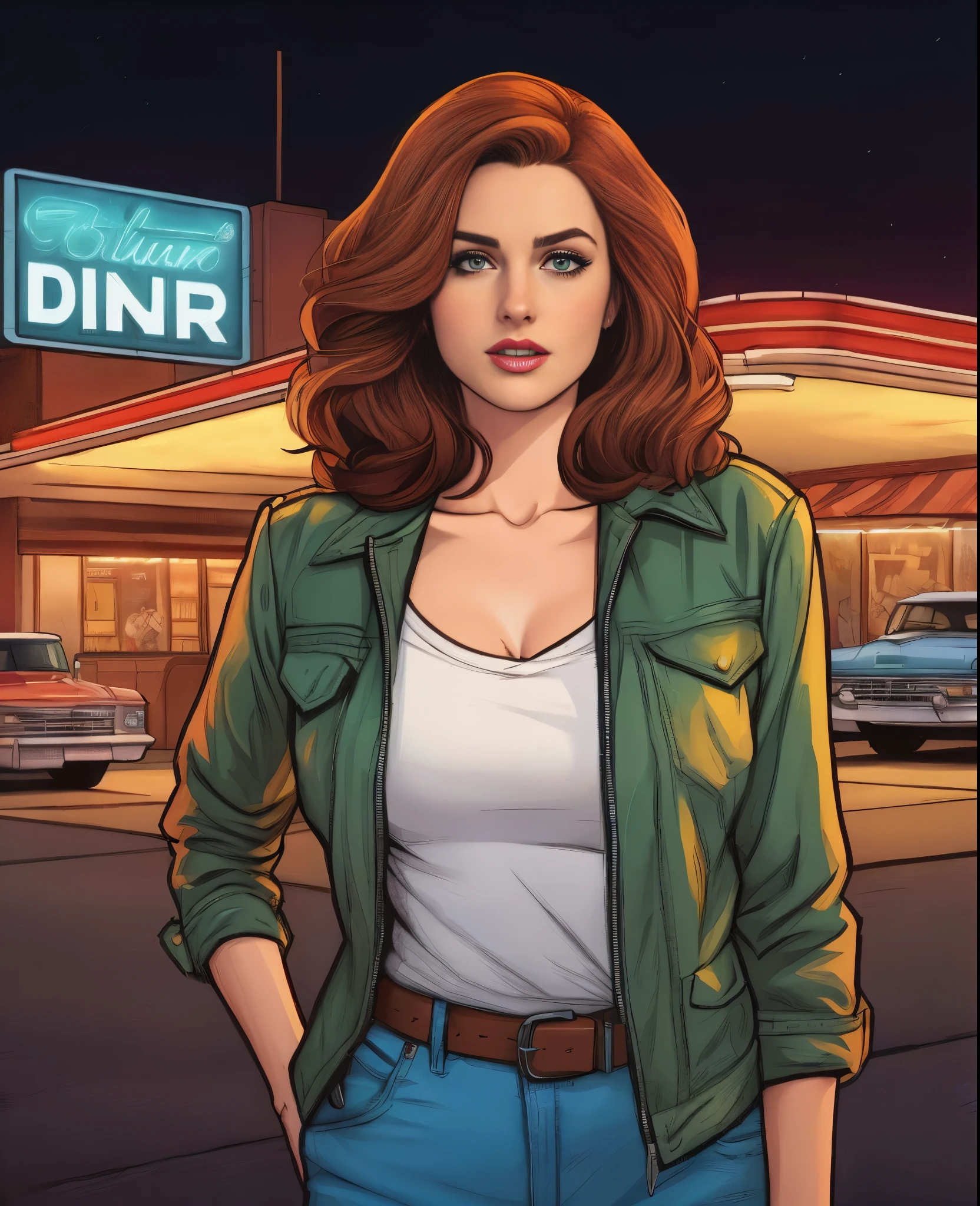 uma mulher com uma jaqueta verde em frente a uma lanchonete, Dinah Drake, A cel animation by Dana Scully, restaurant car background, arte gta 5 quadrinhos, diner, arte promocional, Dana Scully, Arte Promocional, Directed by: Drew Tucker, jean cinza, wanda maximoff, Vestindo o uniforme da RR Diner, ( Arte Fitzpatrick ), protagonista feminina, Directed by: Galen Dara, cena do jantar