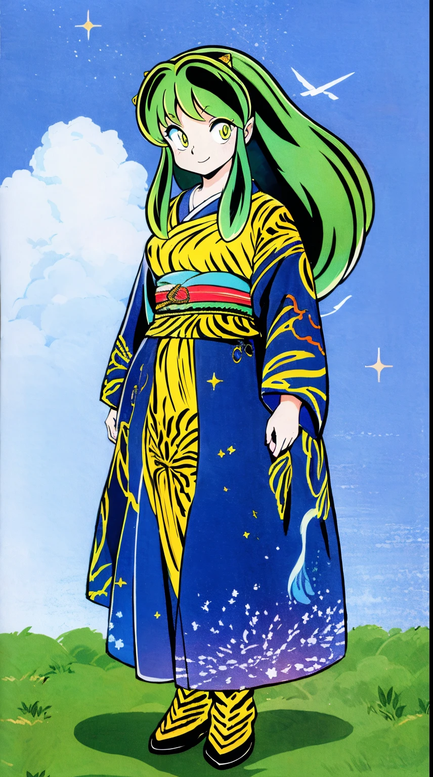 masterpiece, best quality,, corset, breastplate,lum, , urusei yatsura, cloak, pants, pullover kimono,martial pov,, pantyhose, sharpteeth, standing,smile, matial art,, full body, boots , pant, medium breast, pants, pullover,martial pov,god rays, ray tracing, sparkle, cinematic lighting, UHD, retina, masterpiece, ccurate, anatomically correct, textured skin, super detail, high details, high quality, award winning, best quality, highres, 1080P, HD, 4K, thunder aura, light aura, sharpteeth,, super powers, full body, standing, kimono,woman-medieval-clothes, fangs, smile, green hair,, teeth, t, long hair,takahashi rumiko, big breast, yellow eyes