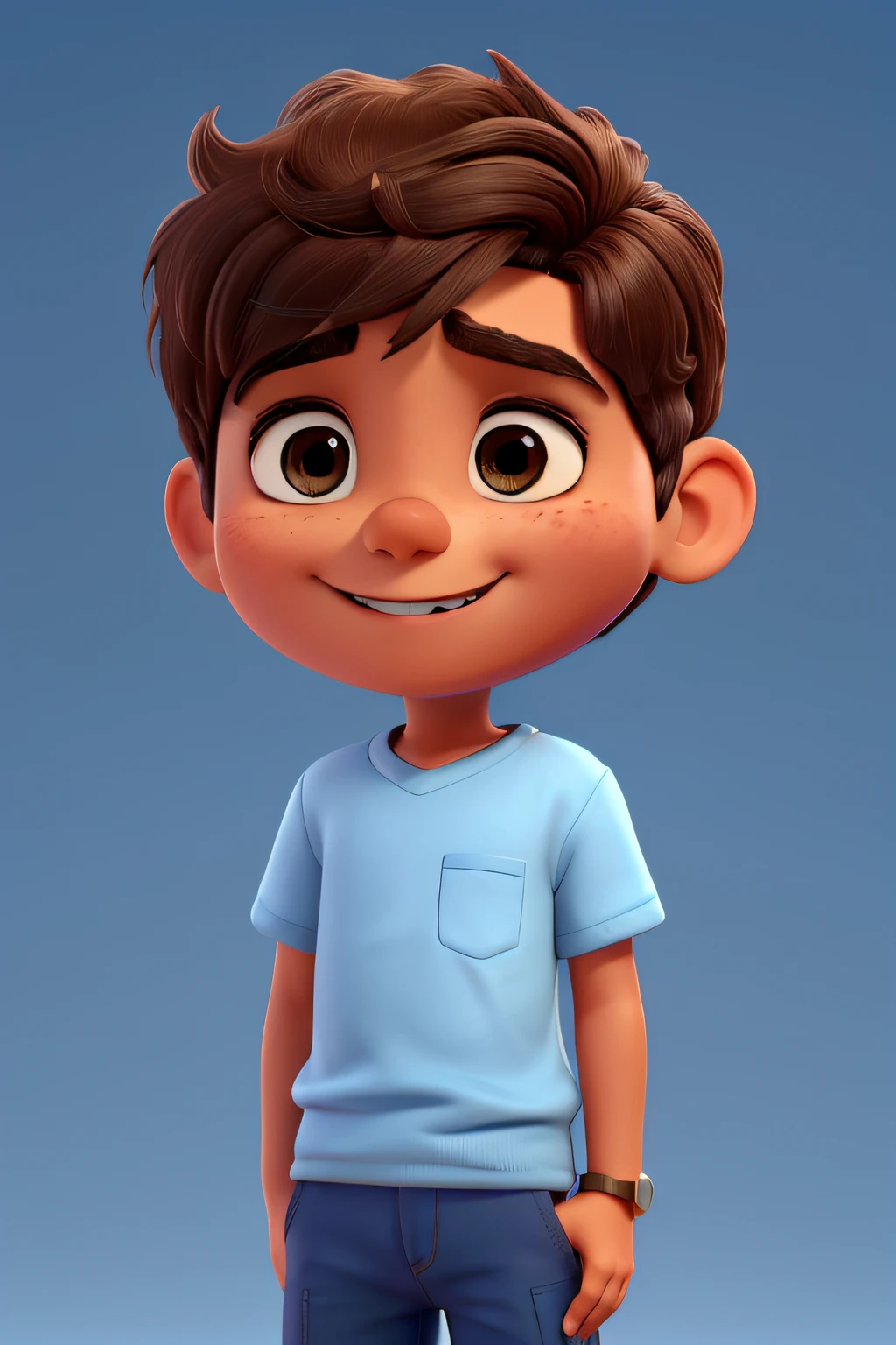A happy and cute brown boy with short hair in a dark blue cap, wears a white shirt,, blue background, barnet, Tom, Pixar Style, ......3d, cartoon, detailed face, asymmetrical 16k