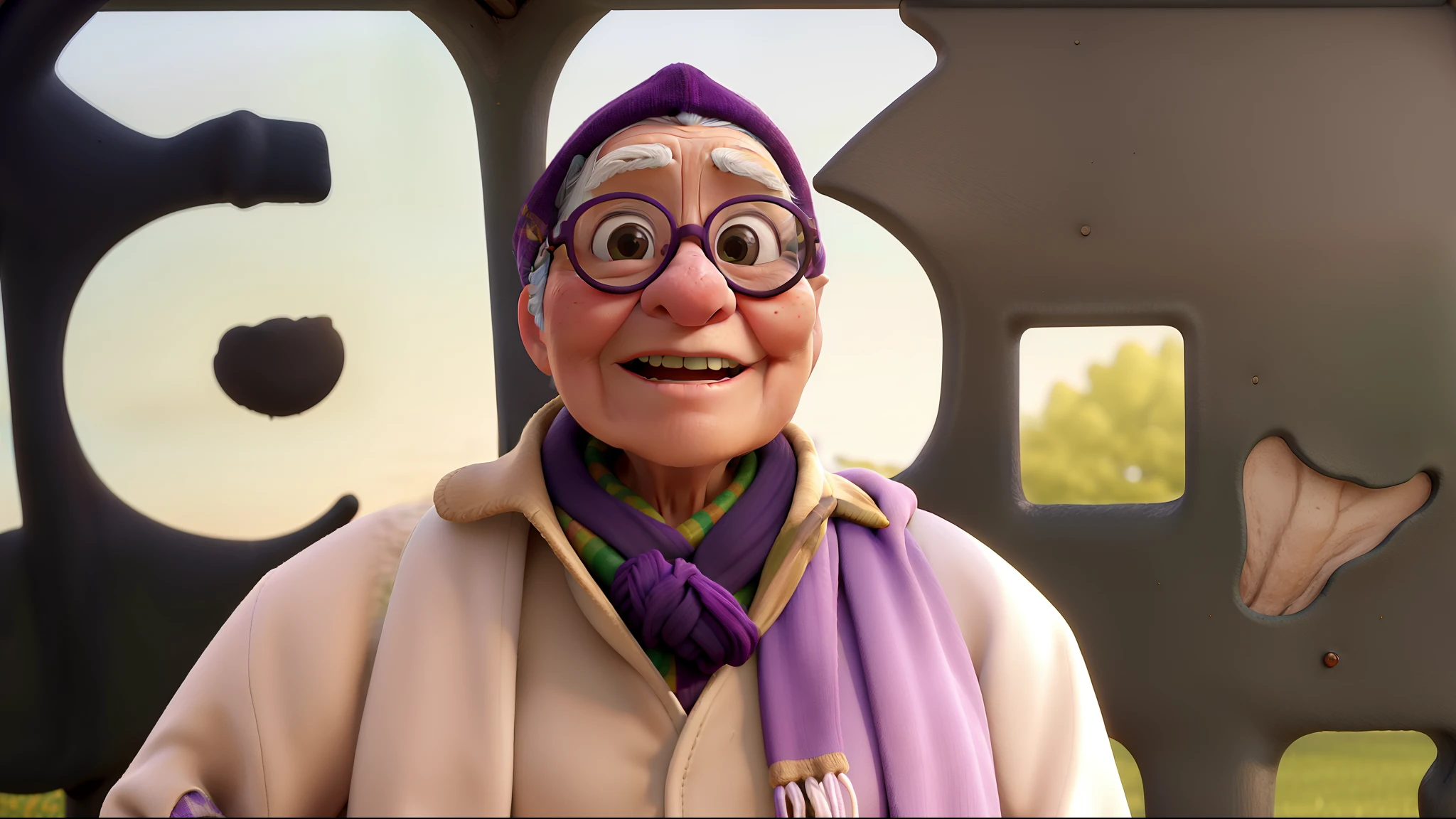 masterpiece, best quality, an old woman with glasses and a scarf on, wearing a purple coat and green scarf, standing at the park