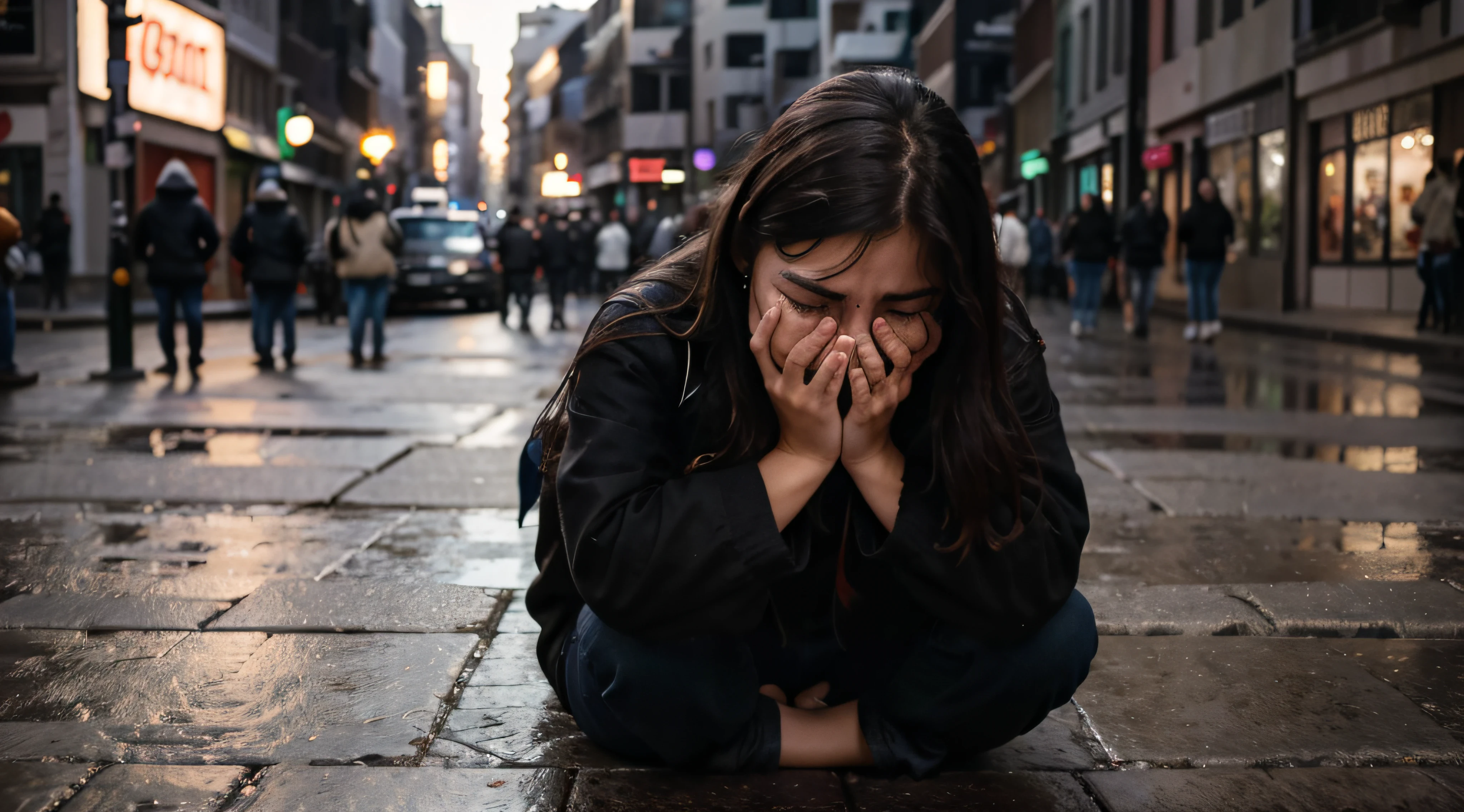 image a western girl sitting on the ground in the street, perdida entre muchas personas, the girl covers her eyes with her hands, she is scared and crying, people are moving and blurred, clima lluvioso, plano frontal, 8k, realista, diurno, obturador 1/6