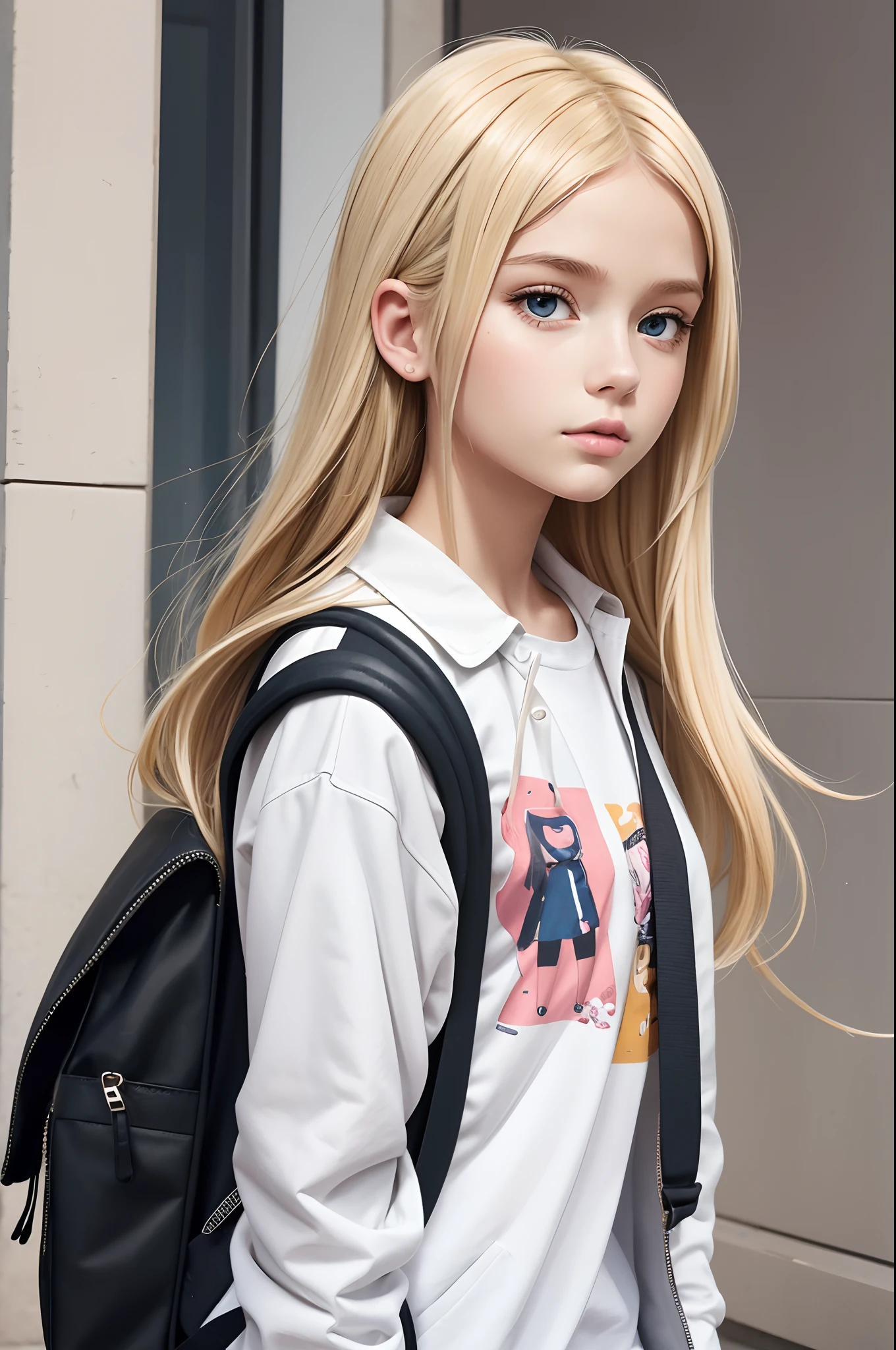 create an illustration of a young girl with a backpack on her back, blonde hair, urban fashion clothes, perfect, pretty and charming, illustration in the style of artist Karoline Pietrowski.
