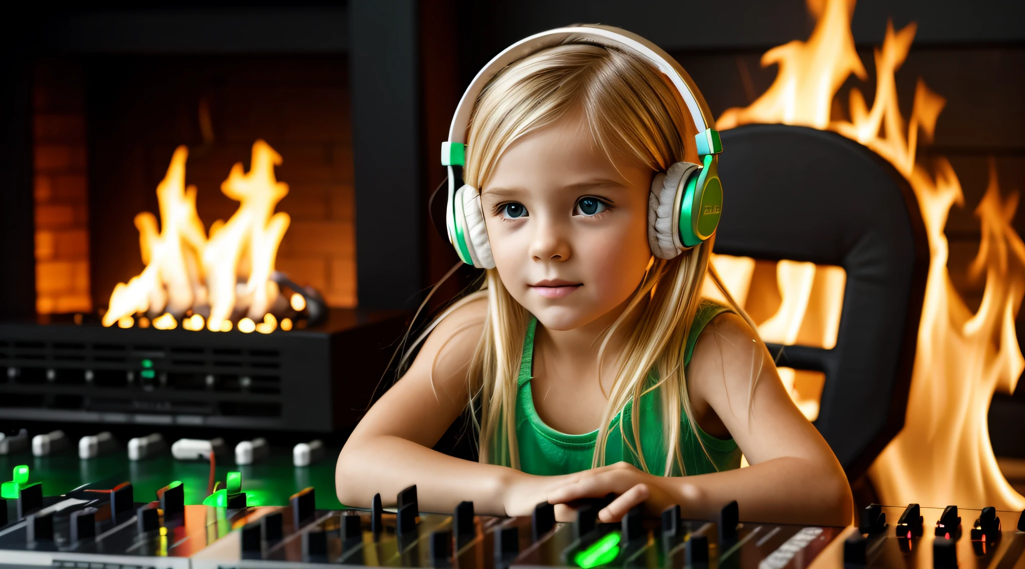 Image of a CHILD BLONDE girl with headphones playing music, Atom and Evil, DJ, fire and GREEN FIRE , FLAMME, BURN , FOGO, GREEN, VERDE.