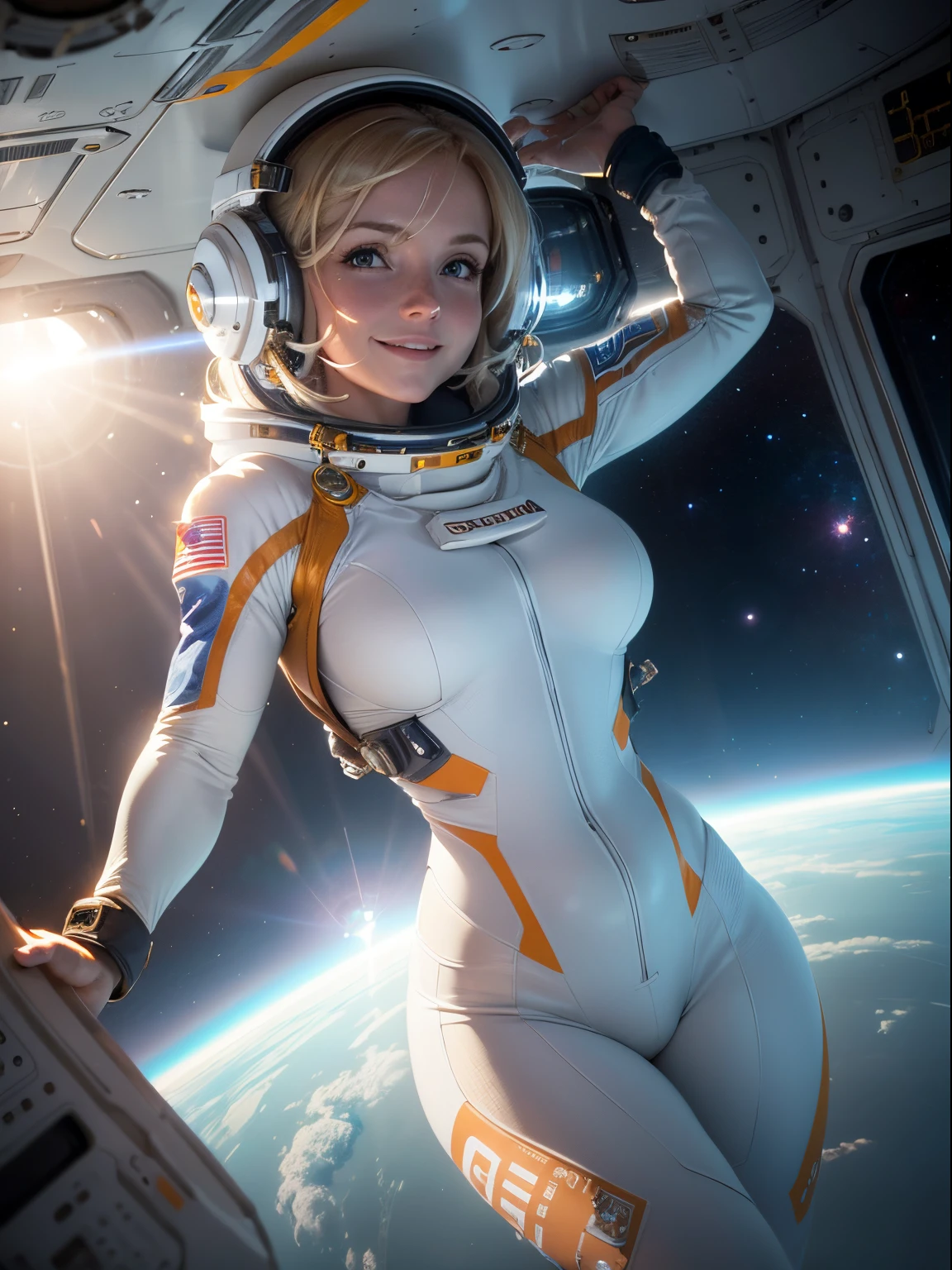 Helen Skelton, floating in zero gravity, smiling, moist skin, full figure, bulky spacesuit, realistic NASA spacesuit and helmet, blonde hair floating, tiny breasts, onboard space station, Earth outside, sunbeam shining in through round viewport, lens flare, floating globules of white slime, dramatic light, deep shadows