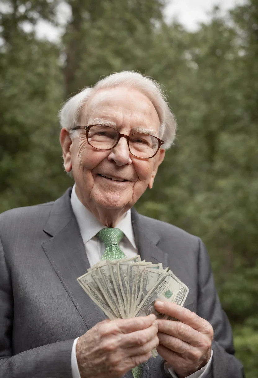 A picture of Warren Buffett, holding money,original,Warren Buffett, often referred to as the “Oracle of Omaha,” has a friendly, approachable appearance, typically seen in modest, practical attire that belies his status as one of the world’s wealthiest individuals. He has an unassuming demeanor, often seen with a gentle smile, and his elderly visage is marked by a warm, grandfatherly appeal.