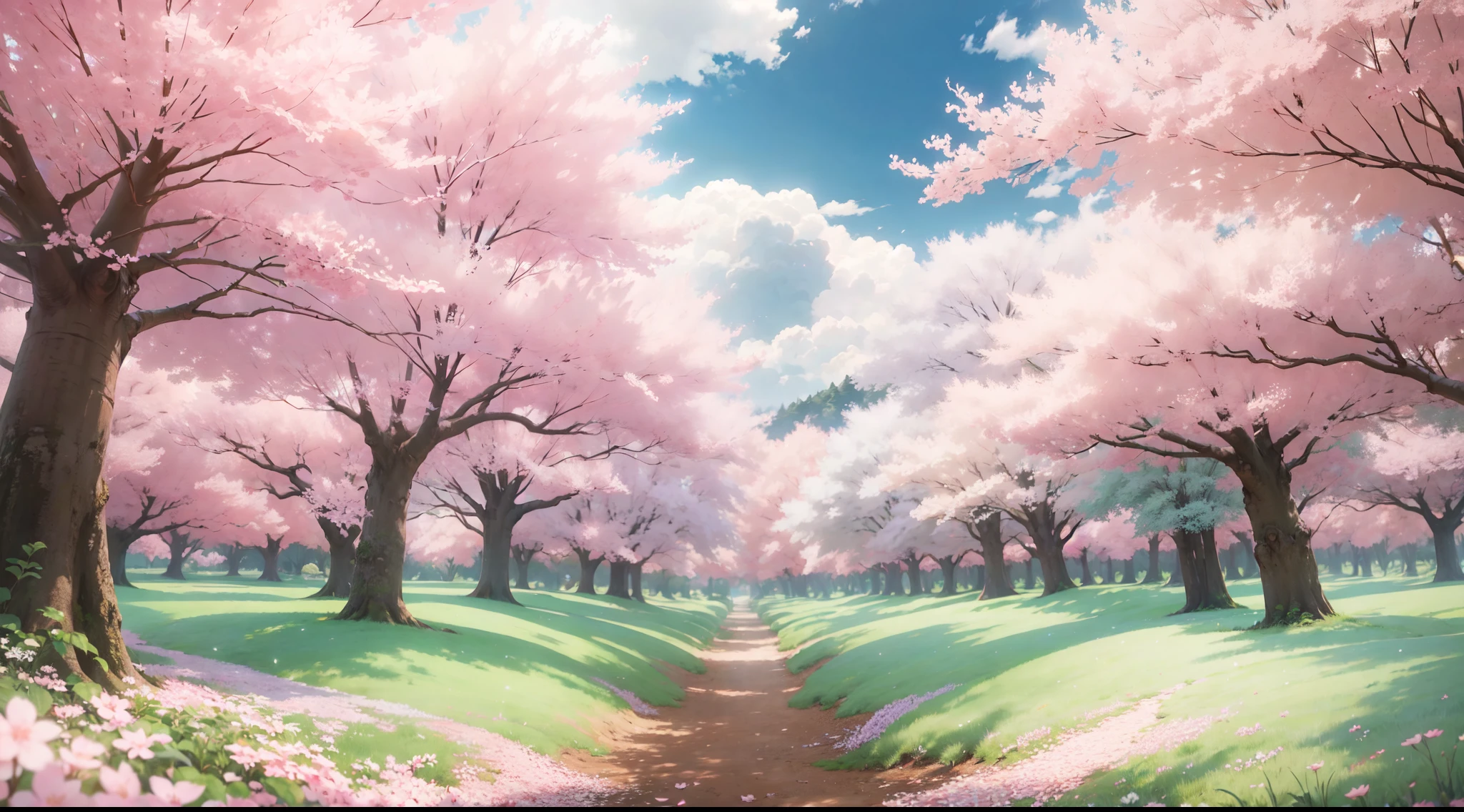 best quality,highres,ultra-detailed,HDR,studio lighting,beautiful shots, anime, niji, cherry blossom flowers, cherry blossom, cherry blossom trees, cotton field,drone shots,vivid colors,fine details,soft texture,natural landscape,blue sky,puffy white clouds,lush green plants,sunlight filtering through the leaves,fresh air,peaceful ambiance,serene atmosphere,harmonious composition,creating an immersive visual experience, no human.