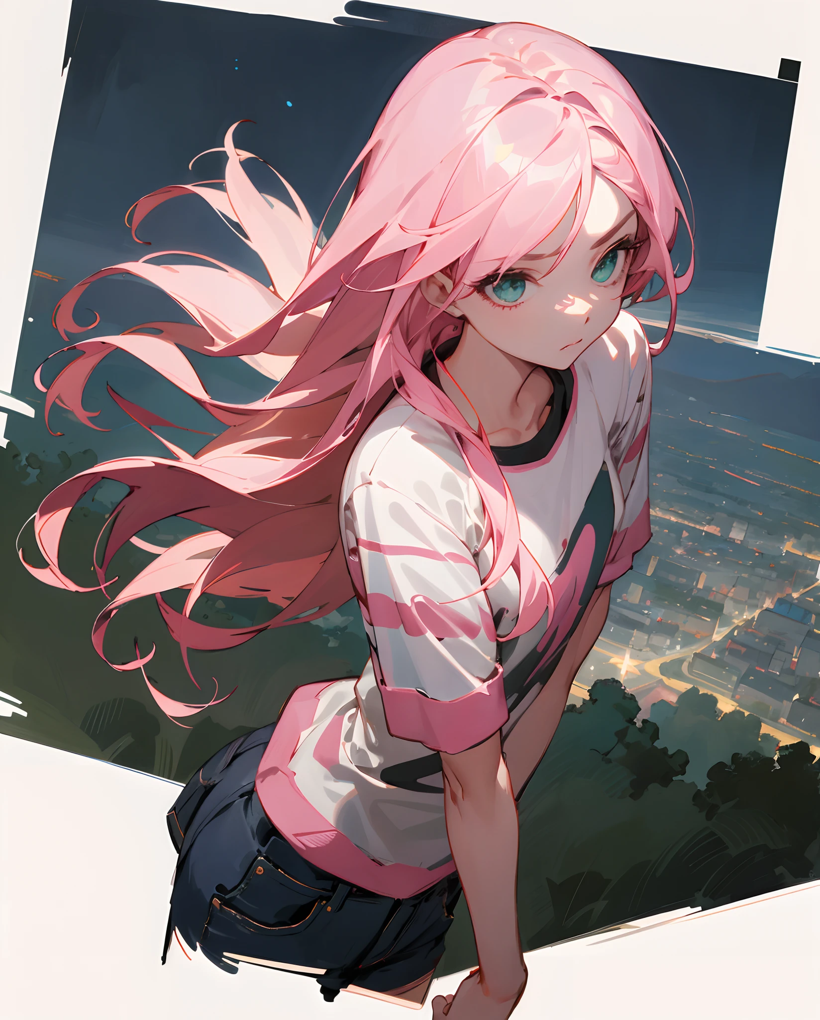 best quality, girl being pulled by the hand, cabelos longos, cabelo rosa, olhos verdes, melancholy gaze, (roupas casuais), (being guided by someone), 15 anos, detailed hands, Rosto detalhado, Top view, paisagem noturna, Arm injury, estilo anime