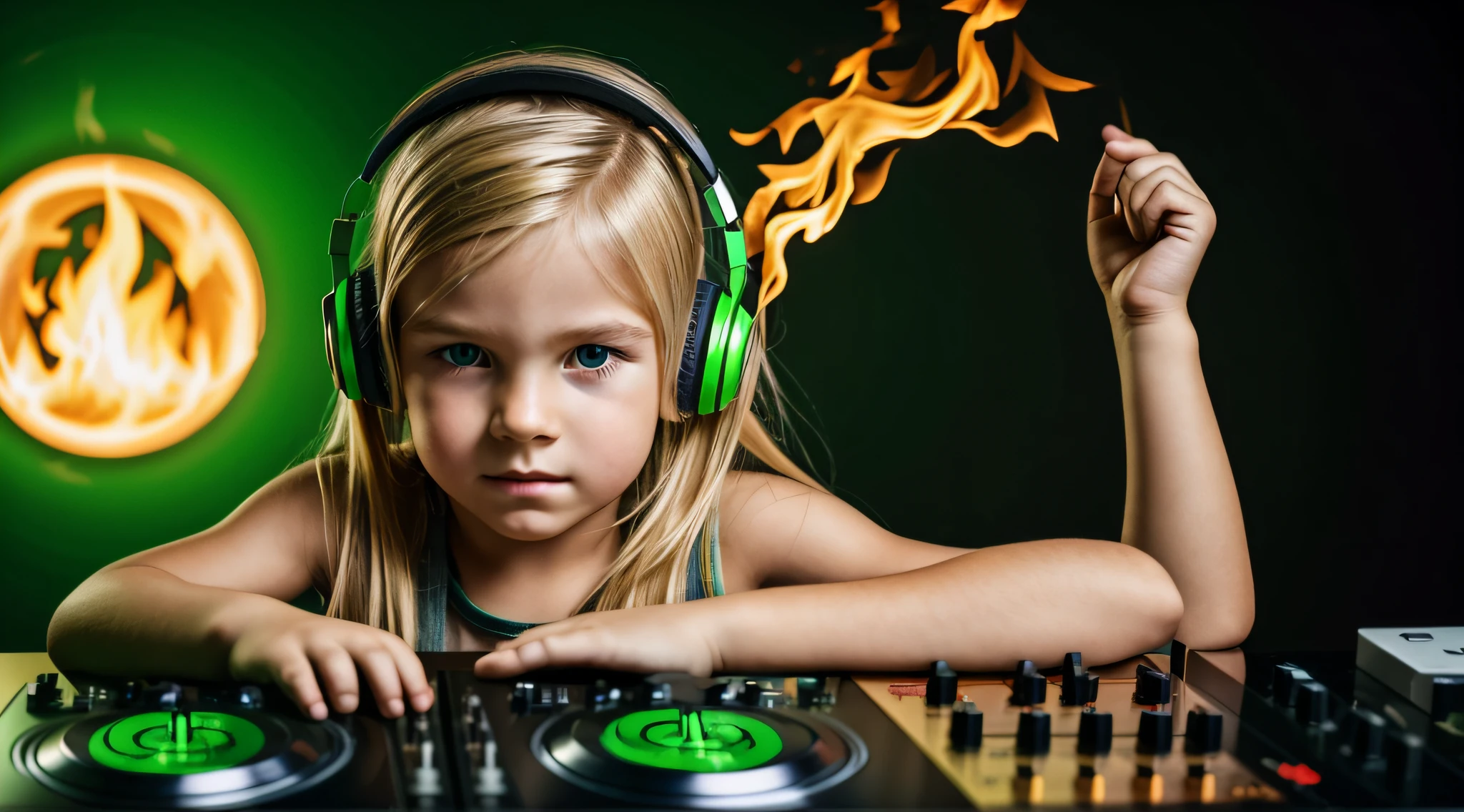 Image of a CHILD man BLONDE long hair with headphones playing music, Atom and Evil, DJ, fire and GREEN FIRE , FLAMME, BURN , FOGO, GREEN, VERDE.