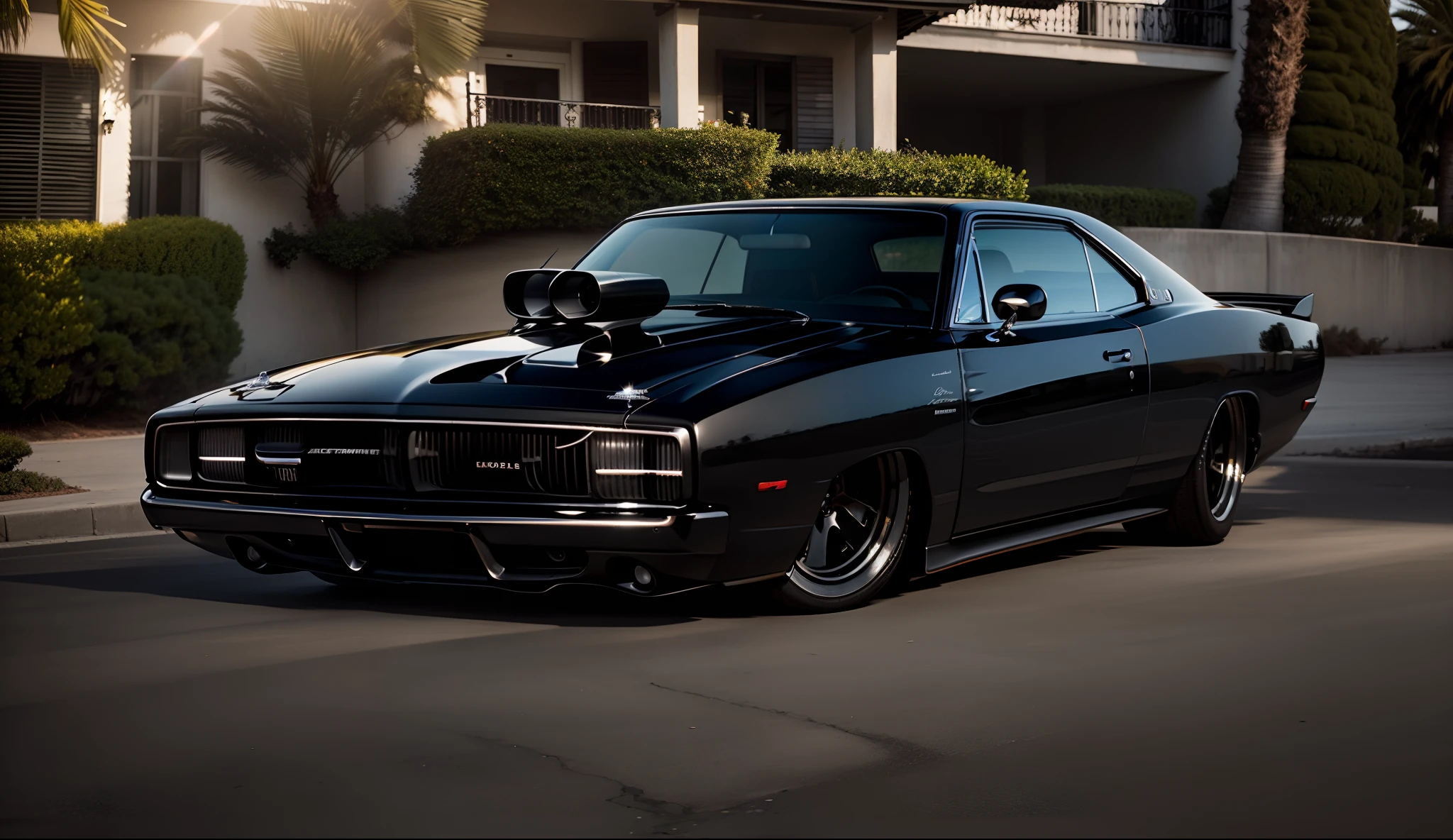 Imponente Preto Dodge Charger carro show, enormes rodas BBS, Ridiculously low posture parked near palm trees and beautiful mansion with oceanfront balconies with the sun shining and reflecting everywhere and on the yachts in the background in sunny California