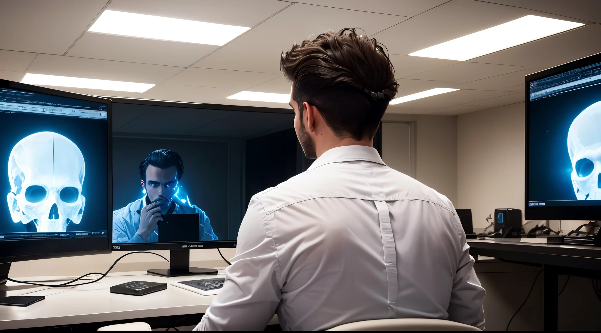 A dark room, with lighting from computer screens. Sitting, a radiologist observing one of the computer screens. The man has combed and gelled hair, in the foreground.