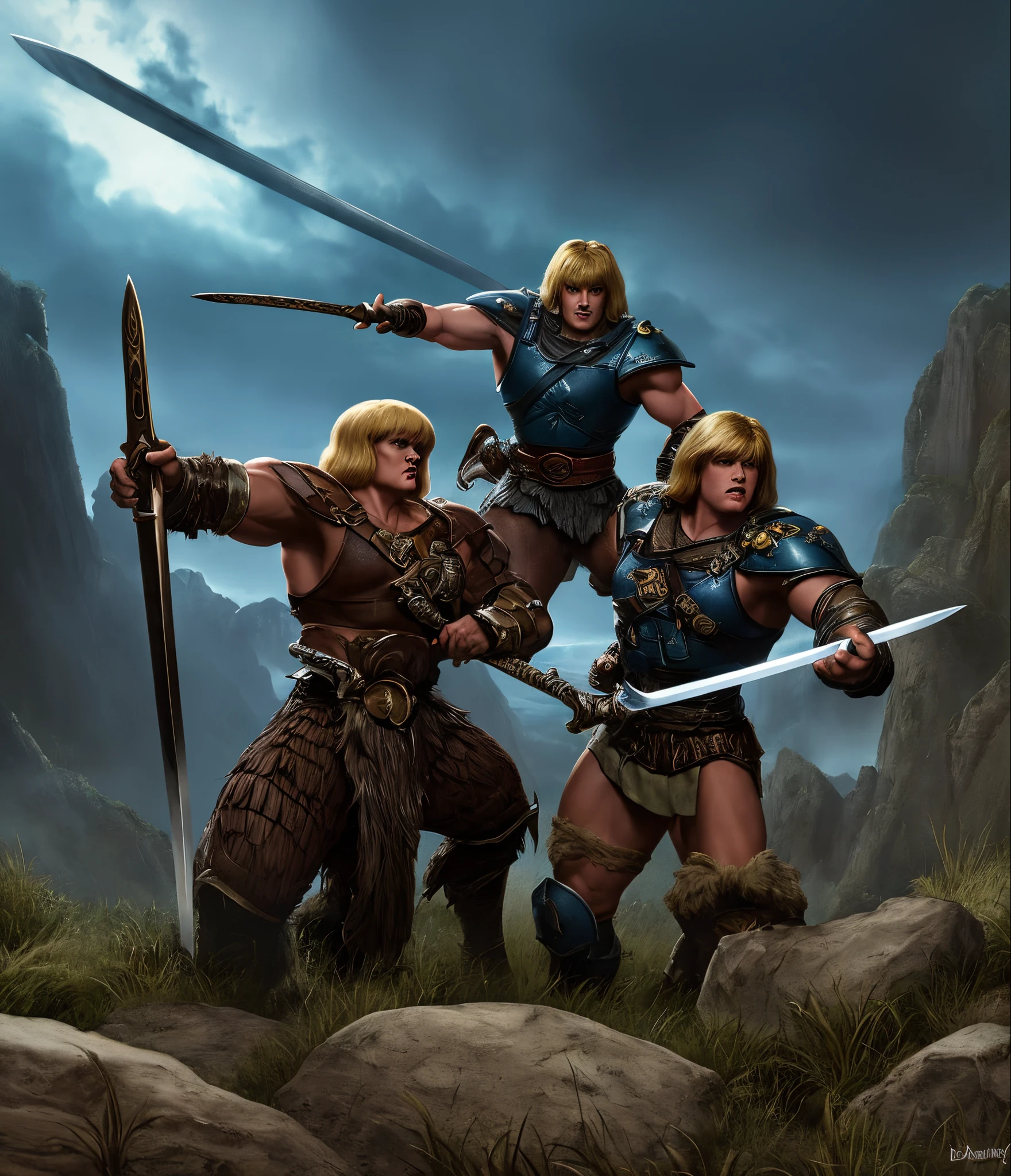 Dark Fantasy, vintage 80's dark Fantasy, "he man" inspired style, two men sword fighting on a war torn hillside