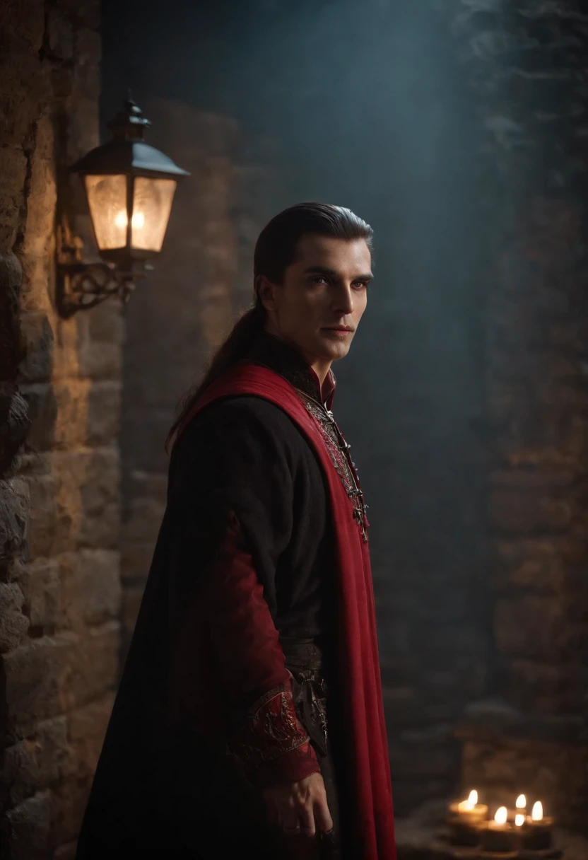 Dark fantasy vibes, corpo inteiro de um vampiro conde dracula com olhos vermelhos, intrincado (preto) e roupas vermelhas, saindo de uma intrincada e antiga cripta de pedra suntuosa durante uma noite escura,(master part, best quality, absurdos, fotorrealista:1.4), ((arte de fantasia)), colorido, bom design, good composition, circunstanciado, intrincado, realistic background, Volumetric lighting, Subsurface scattering, (cinemactic, perfect lighting, sombreamento perfeito), ::n_ boneco, anime, baixa qualidade, desenho