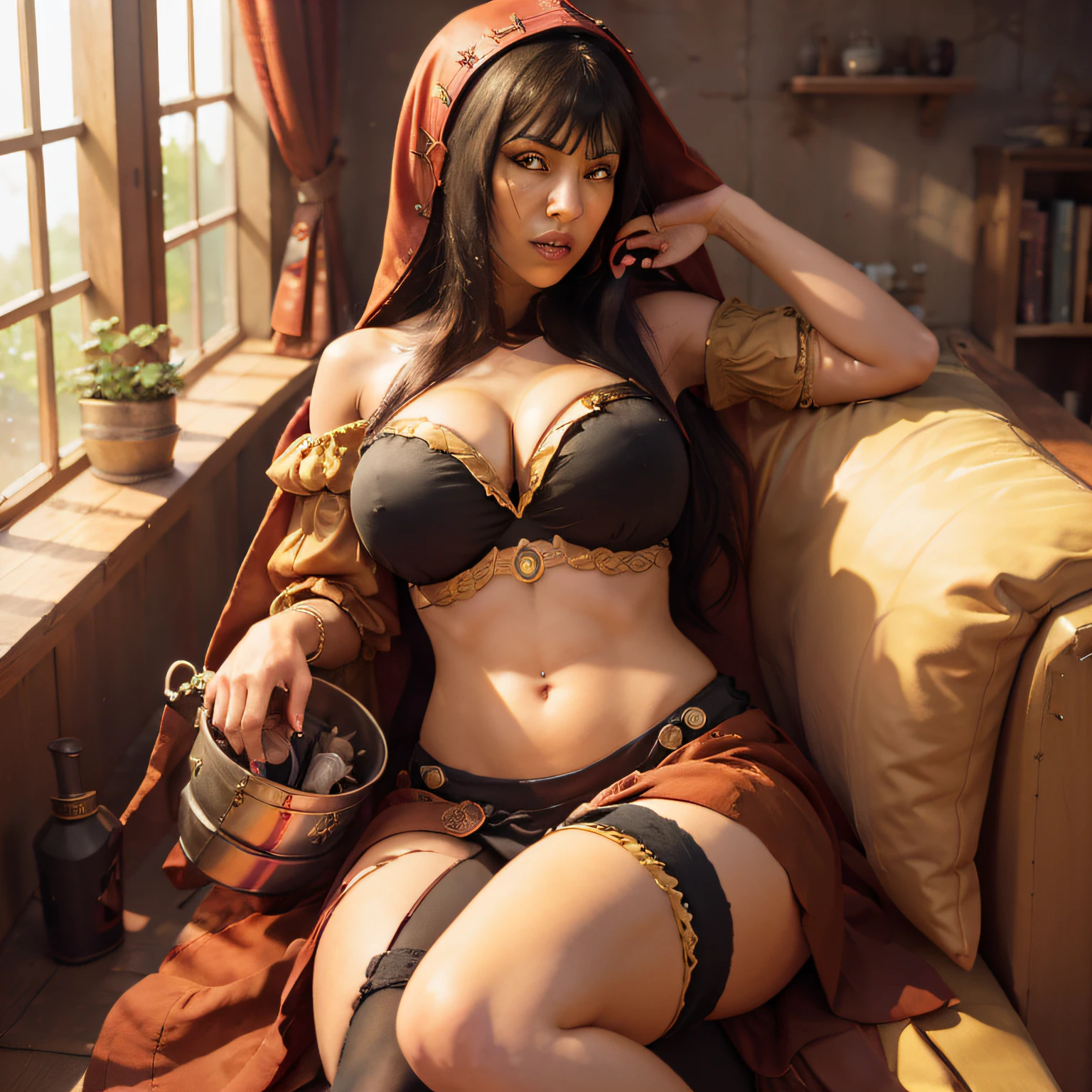 ((extreme detail)),(ultra-detailed), extremely detailed CG unity 8k wallpaper, osira,red hood, crop top, puffy sleeves, star headdress, long skirt, vertical-striped stockings, cowboy shot, attic, couch, grammaphone, bucket, clock, window, book, indoors, OdinSphereStyle, legend of queen opala, 1girl, osira (character), black hair, darkskinned female, yellow eyes, blunt bangs, big breasts, annoyed expression, three scars on right cheek