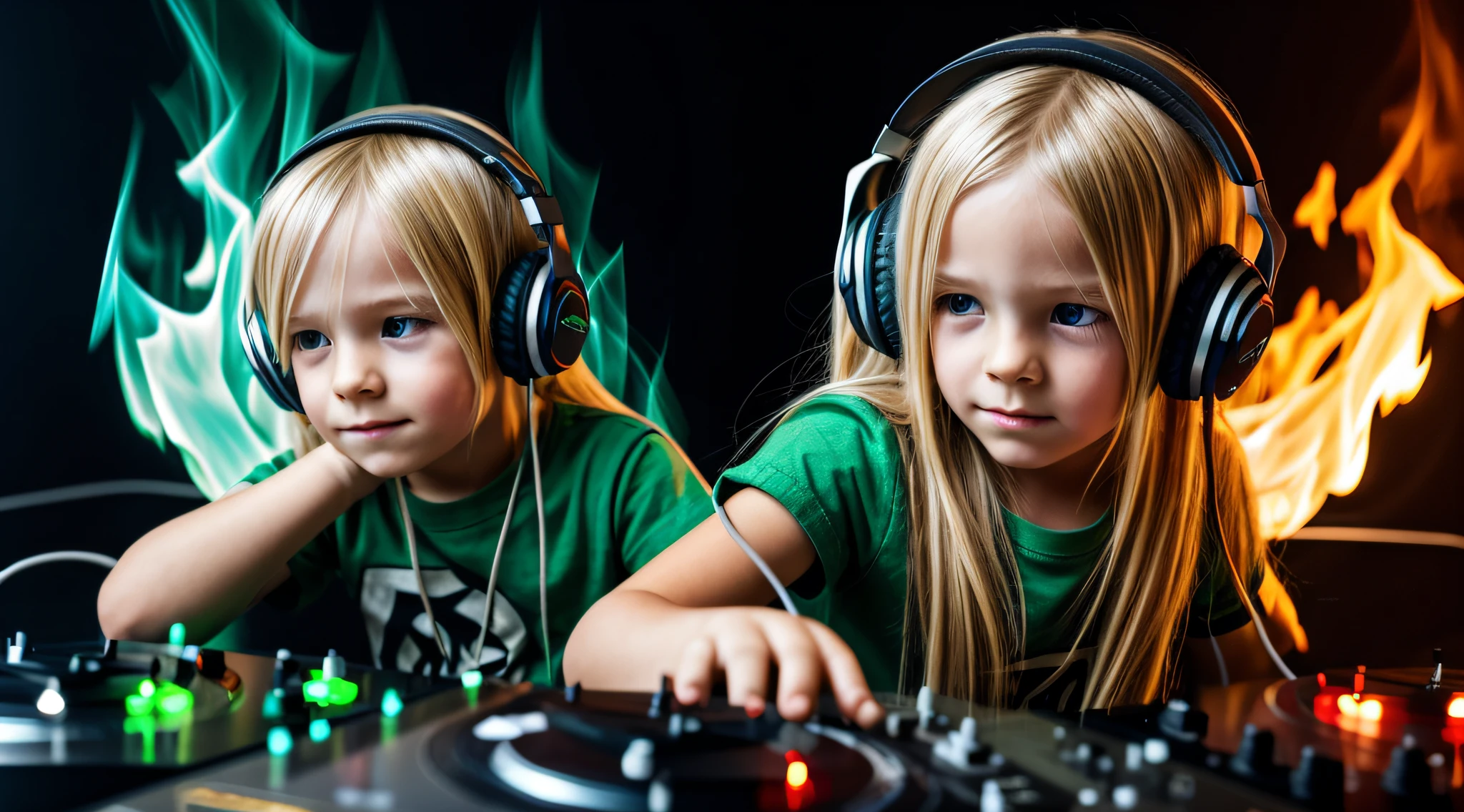 Image of a CHILD man BLONDE long hair with headphones playing music, Atom and Evil, DJ, fire and GREEN FIRE , FLAMME, BURN , FOGO, GREEN, VERDE.