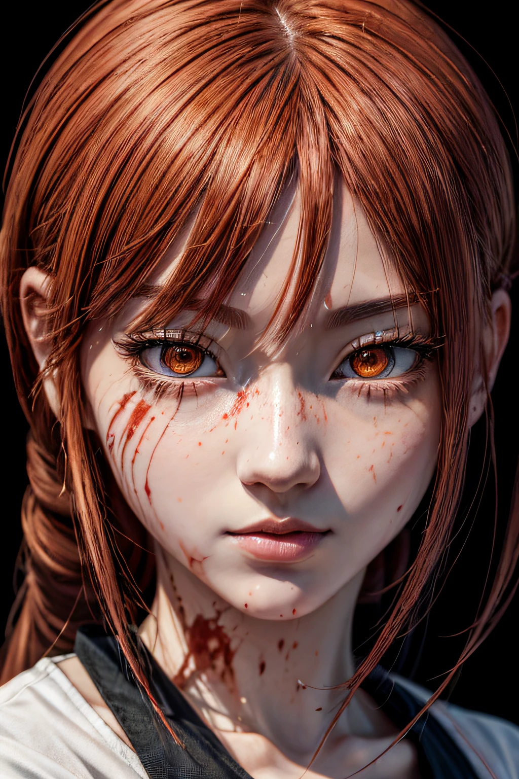 masterpiece, best quality, (extremely detailed CG unity 8k wallpaper, masterpiece, best quality, ultra-detailed, best shadow), (detailed background), (beautiful detailed face, beautiful detailed eyes), High contrast, (best illumination, an extremely delicate and beautiful),1girl,((colourful paint splashes on transparent background, dulux,)), ((caustic)), dynamic angle,beautiful detailed glow,full body, blood splash on face. close up of a woman, anime girl with red hair and a white shirt and tie, a character portrait by Yang J, pixiv, shin hanga, portrait of an anime girl, female anime character, portrait anime girl, portrait of asuka langley soryu, beautiful anime portrait, detailed portrait of anime girl, anime character, realistic anime artstyle, anime girl portrait, anime character portrait, blood on face.
