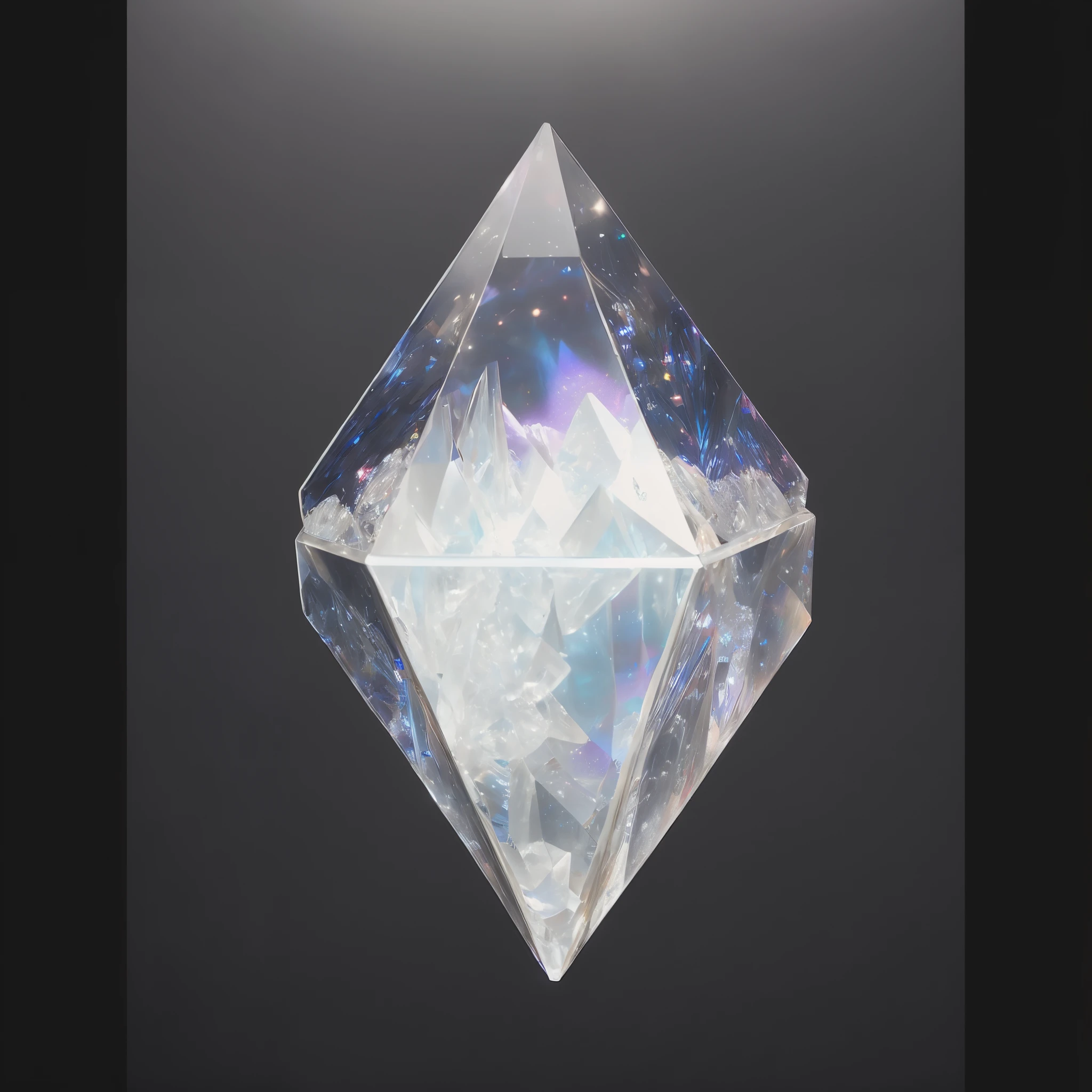 there is a crystal object hanging from the ceiling, cinzas cristal, cristal transparente, prismas zen altamente detalhados, material de cristal, cristalino, ethereal hologram center, feito de diamante, Tesseract, prismas de diamante, with fog particles inside, cubismo de cristal, cristal de quartzo, claro como cristal, facetado, cristal refrativo, Diamante, feito de sinapse cristalizada, rainbow spectra, with air particles inside,