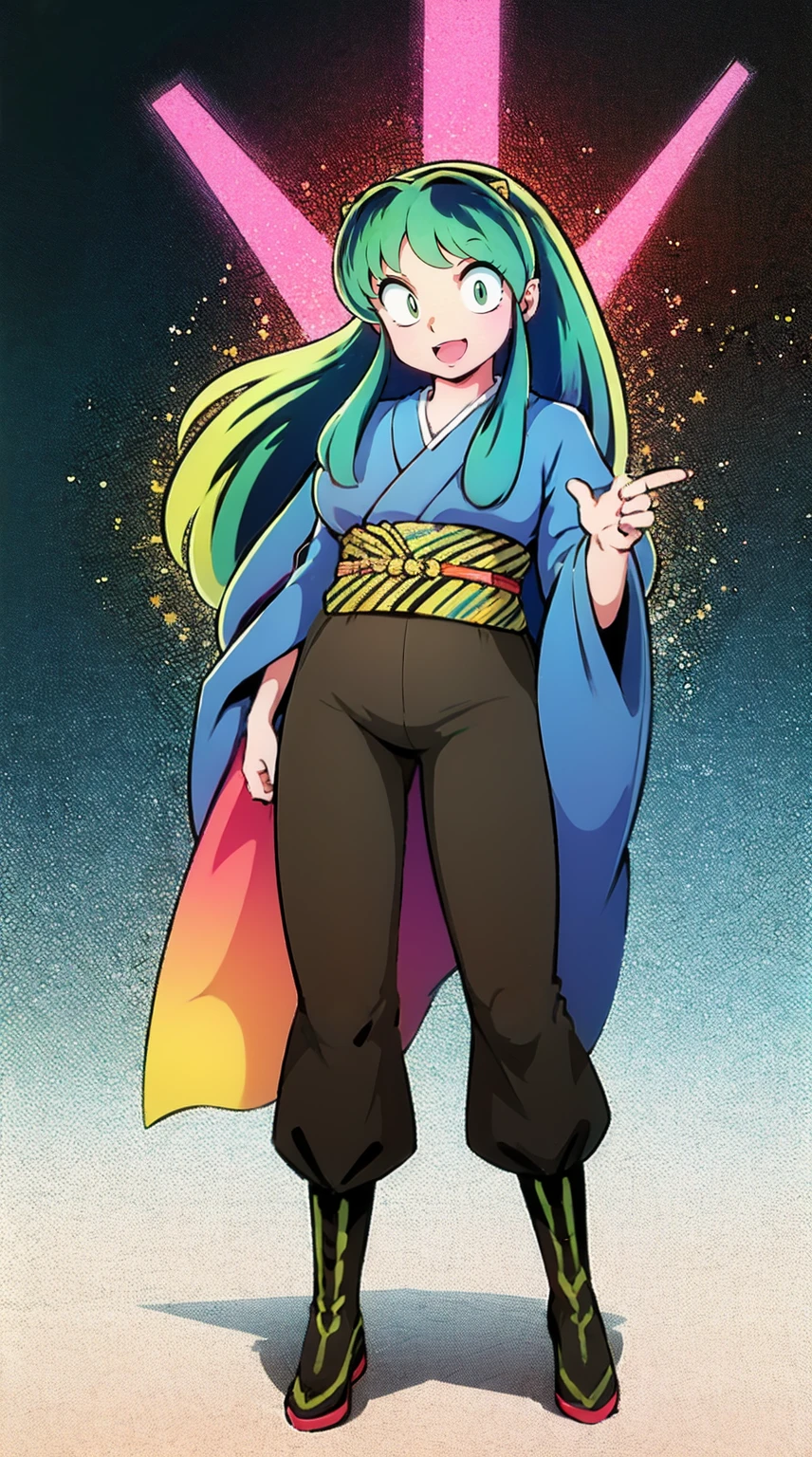 masterpiece, best quality,, corset, breastplate,lum, , urusei yatsura, cloak, pants, pullover kimono,martial pov,, pantyhose, sharpteeth, standing,smile, matial art,, full body, boots , pant, medium breast, pants, pullover,martial pov,god rays, ray tracing, sparkle, cinematic lighting, UHD, retina, masterpiece, ccurate, anatomically correct, textured skin, super detail, high details, high quality, award winning, best quality, highres, 1080P, HD, 4K, thunder aura, light aura, sharpteeth,, super powers, full body, standing, kimono,woman-medieval-clothes, fangs, smile, green hair,, teeth, big breast, long hair, sharpteeth