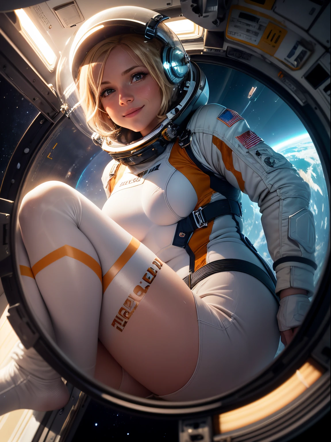 Helen Skelton, floating in zero gravity, smiling, moist skin, full figure, realistic NASA spacesuit and helmet, blonde hair floating, tiny breasts, onboard space station, Earth outside, sunbeam shining in through round viewport, floating pen, papers, dramatic light, deep shadows