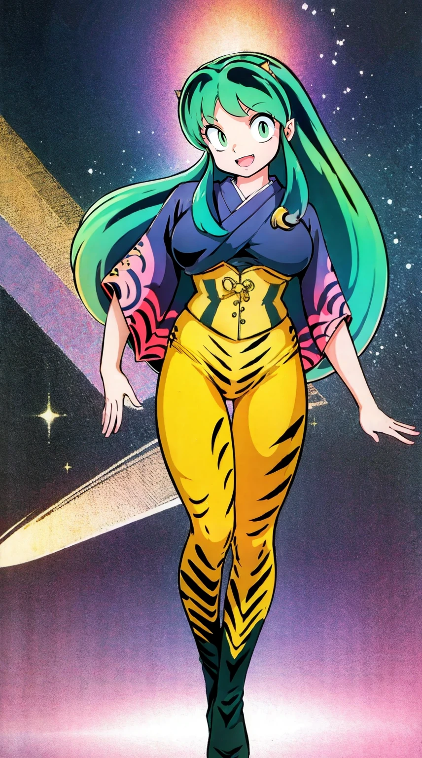 masterpiece, best quality,, corset, breastplate,lum, , urusei yatsura, cloak, pants, pullover kimono,martial pov,, pantyhose, sharpteeth, standing,smile, matial art,, full body, boots , pant, medium breast, pants, pullover,martial pov,god rays, ray tracing, sparkle, cinematic lighting, UHD, retina, masterpiece, ccurate, anatomically correct, textured skin, super detail, high details, high quality, award winning, best quality, highres, 1080P, HD, 4K, thunder aura, light aura, sharpteeth,, super powers, full body, standing, kimono,woman-medieval-clothes, fangs, smile, green hair,, teeth, big breast, long hair, sharpteeth