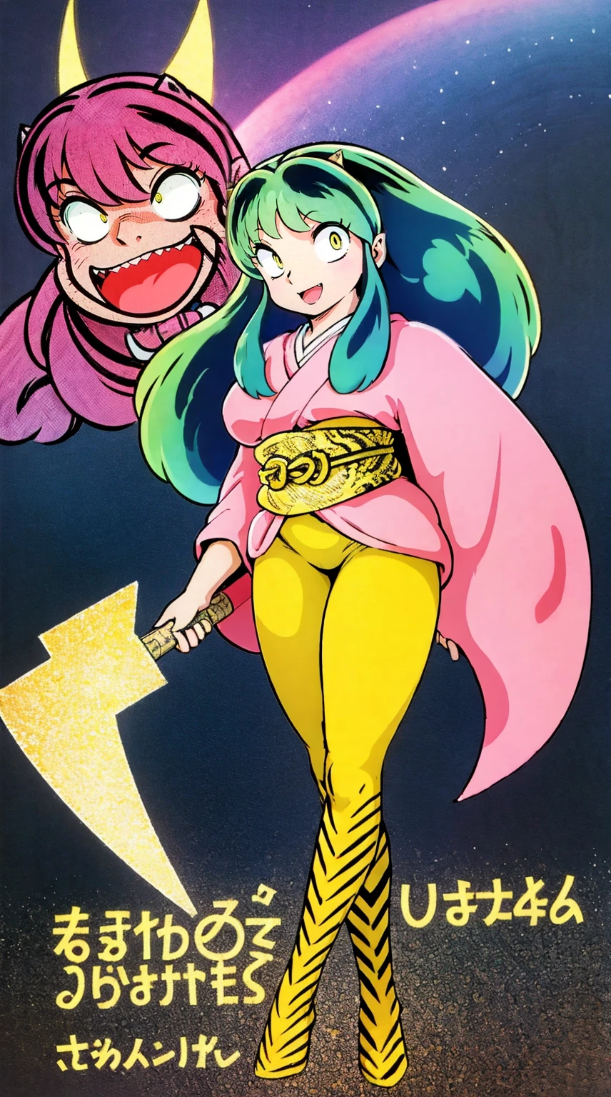 masterpiece, best quality,, corset, breastplate,lum, , urusei yatsura, cloak, pants, pullover kimono,martial pov,, pantyhose, sharpteeth, standing,smile, matial art,, full body, boots , pant, medium breast, pants, pullover,martial pov,god rays, ray tracing, sparkle, cinematic lighting, UHD, retina, masterpiece, ccurate, anatomically correct, textured skin, super detail, high details, high quality, award winning, best quality, highres, 1080P, HD, 4K, thunder aura, light aura, sharpteeth,, super powers, full body, standing, kimono,woman-medieval-clothes, fangs, smile, green hair,, teeth, t, long hair,takahashi rumiko, big breast, yellow eyes
