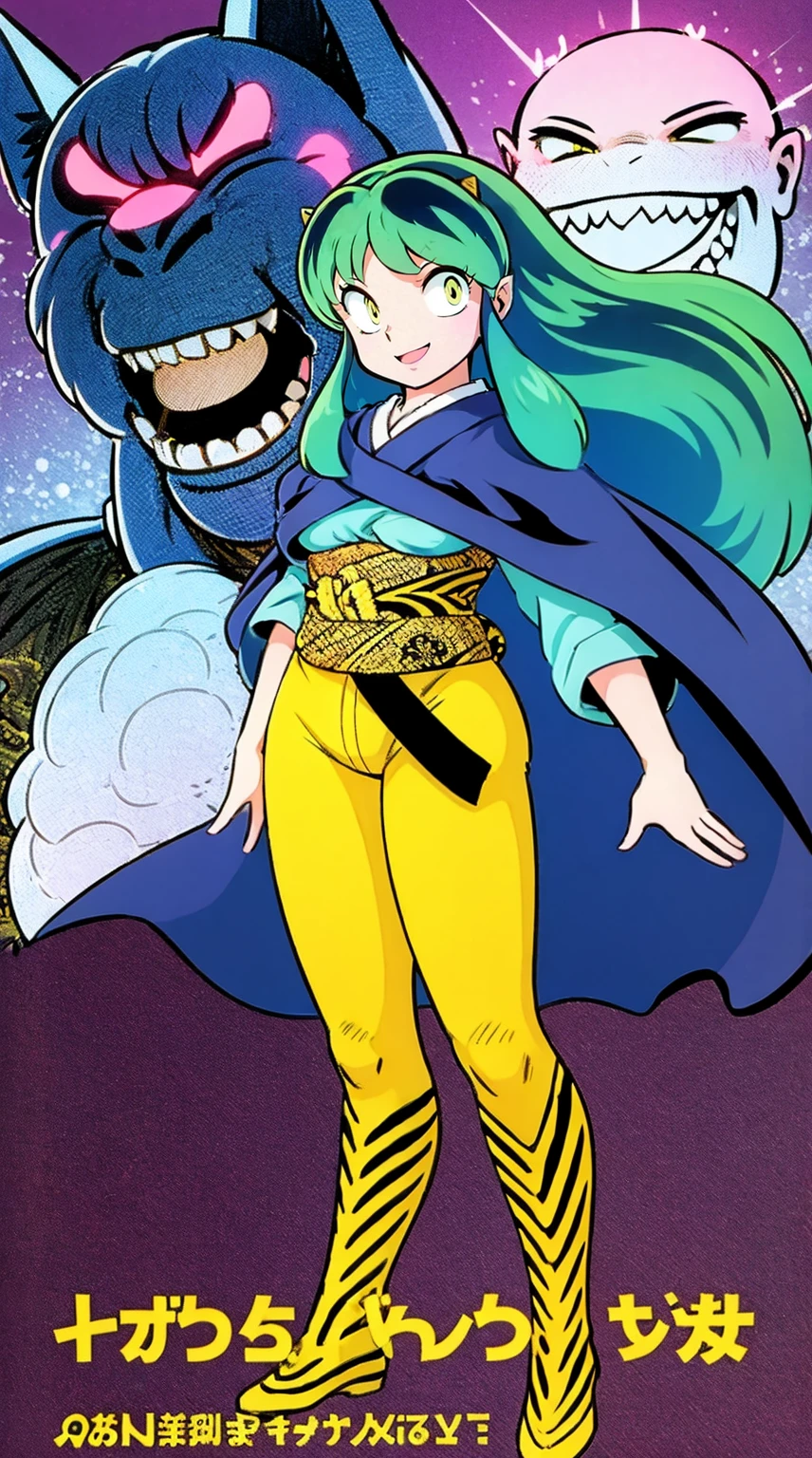 masterpiece, best quality,, corset, breastplate,lum, , urusei yatsura, cloak, pants, pullover kimono,martial pov,, pantyhose, sharpteeth, standing,smile, matial art,, full body, boots , pant, medium breast, pants, pullover,martial pov,god rays, ray tracing, sparkle, cinematic lighting, UHD, retina, masterpiece, ccurate, anatomically correct, textured skin, super detail, high details, high quality, award winning, best quality, highres, 1080P, HD, 4K, thunder aura, light aura, sharpteeth,, super powers, full body, standing, kimono,woman-medieval-clothes, fangs, smile, green hair,, teeth, t, long hair,takahashi rumiko, big breast, yellow eyes