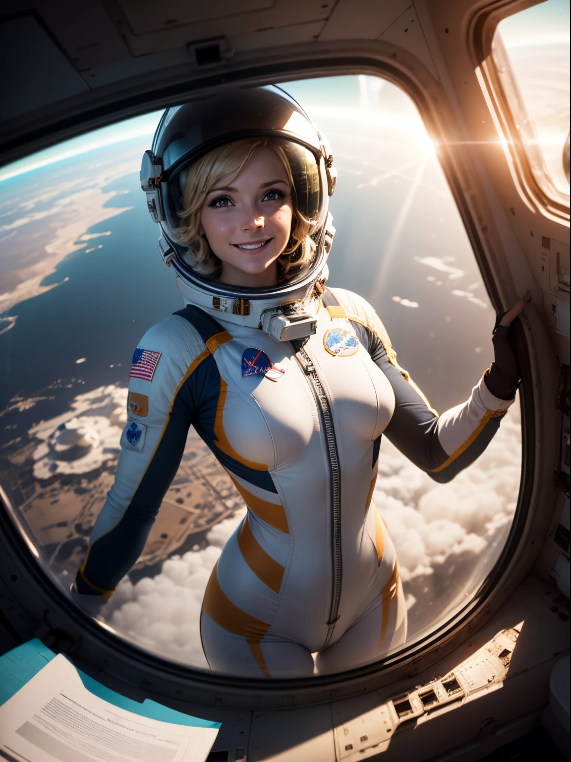 Helen Skelton, floating in zero gravity, smiling, moist skin, full figure, bulky spacesuit, realistic NASA spacesuit and helmet, blonde hair floating, tiny breasts, onboard space station, Earth outside, sunbeam shining in through round viewport, lens flare, floating globules of white slime, dramatic light, deep shadows