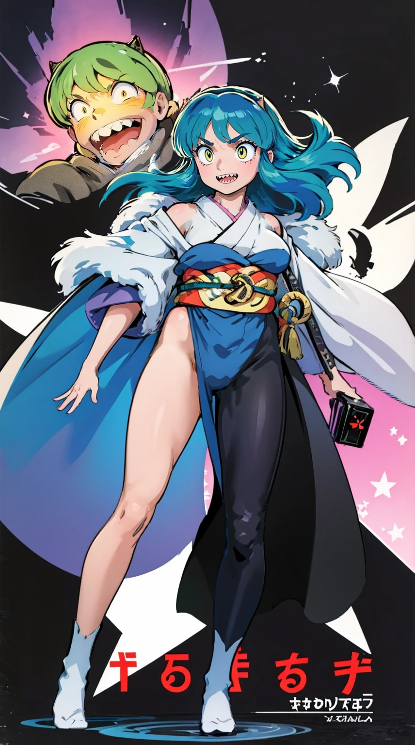 masterpiece, best quality,, corset, breastplate,lum, , urusei yatsura, cloak, pants, pullover kimono,martial pov,, pantyhose, sharpteeth, standing,smile, matial art,, full body, boots , pant, medium breast, pants, pullover,martial pov,god rays, ray tracing, sparkle, cinematic lighting, UHD, retina, masterpiece, ccurate, anatomically correct, textured skin, super detail, high details, high quality, award winning, best quality, highres, 1080P, HD, 4K, thunder aura, light aura, sharpteeth,, super powers, full body, standing, kimono,woman-medieval-clothes, fangs, smile, green hair,, teeth, big breast, long hair, sharpteeth,takahashi rumiko