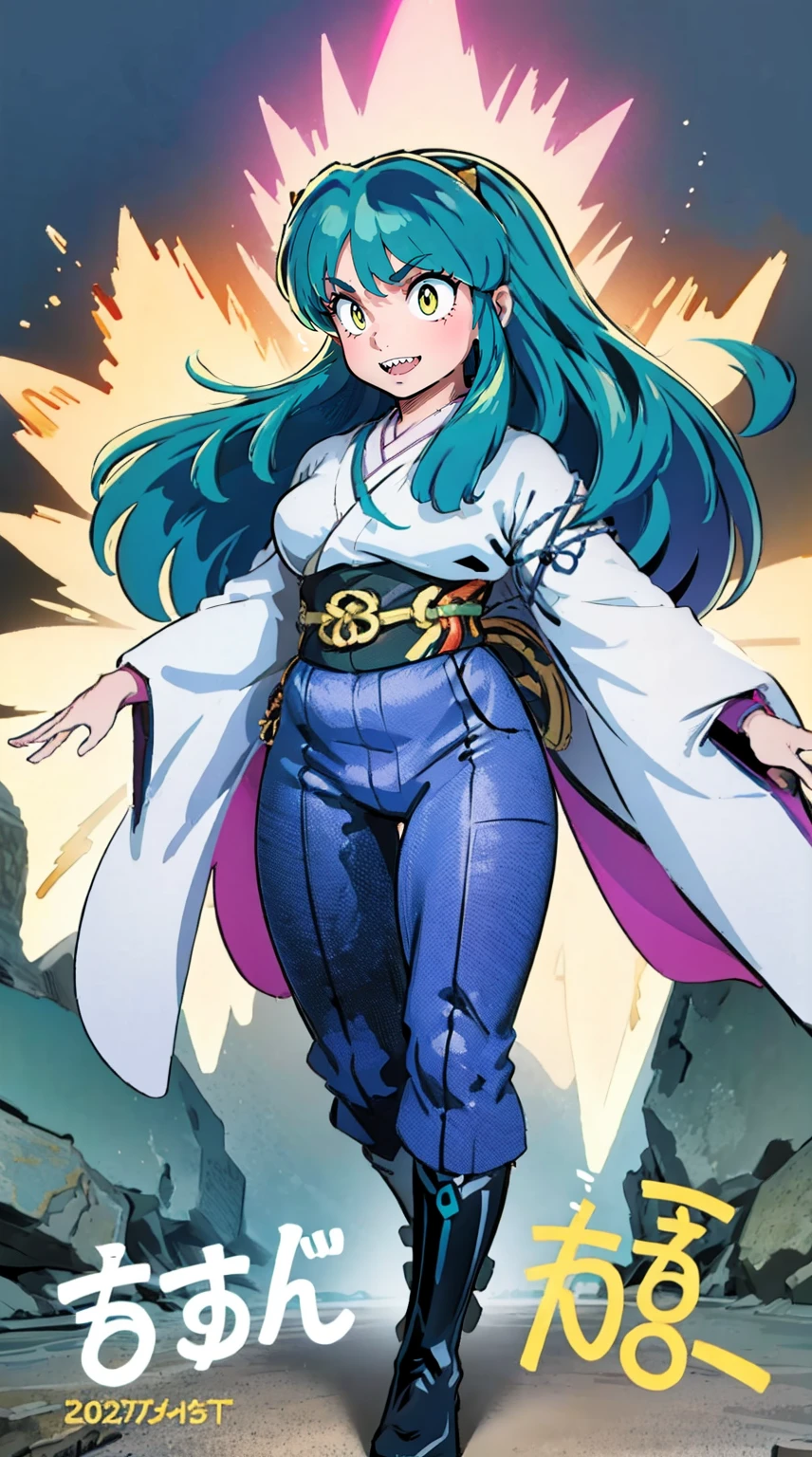 masterpiece, best quality,, corset, breastplate,lum, , urusei yatsura, cloak, pants, pullover kimono,martial pov,, pantyhose, sharpteeth, standing,smile, matial art,, full body, boots , pant, medium breast, pants, pullover,martial pov,god rays, ray tracing, sparkle, cinematic lighting, UHD, retina, masterpiece, ccurate, anatomically correct, textured skin, super detail, high details, high quality, award winning, best quality, highres, 1080P, HD, 4K, thunder aura, light aura, sharpteeth,, super powers, full body, standing, kimono,woman-medieval-clothes, fangs, smile, green hair,, teeth, big breast, long hair, sharpteeth,takahashi rumiko