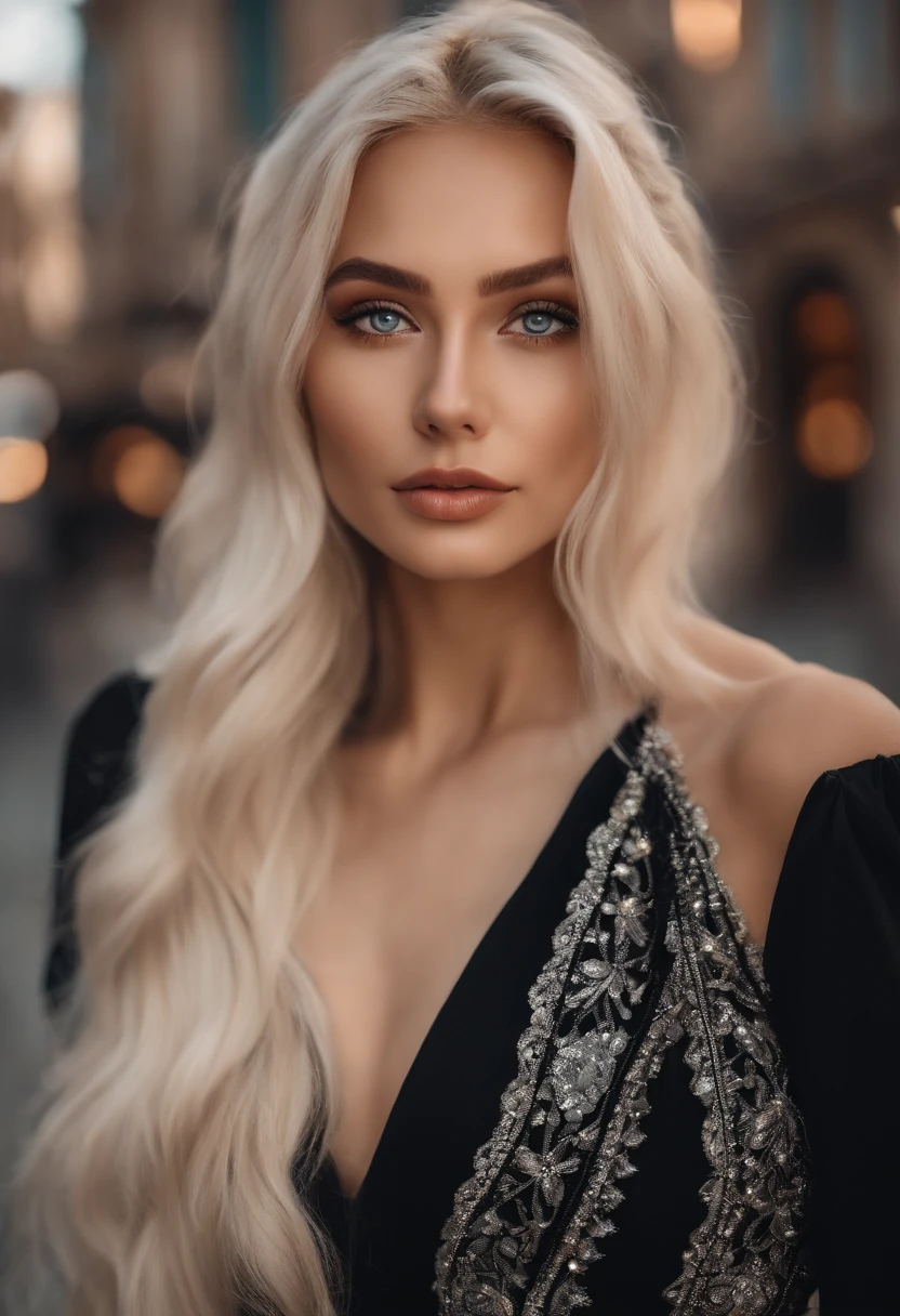 Realistic white Instagram influencer, best quality, Blond, 1人, blaue Augen, in schwarzen, enger, kurzes Kleid