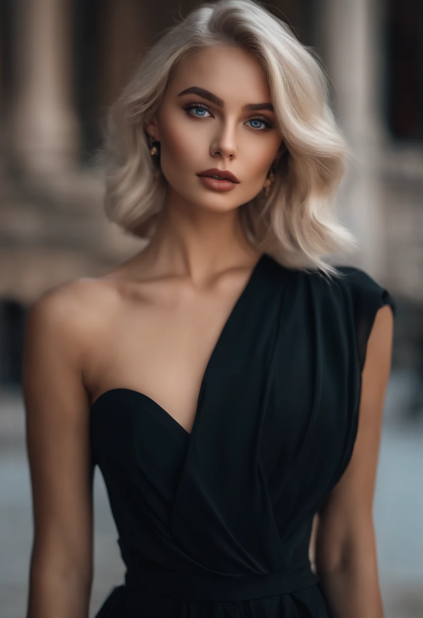 Realistic white Instagram influencer, best quality, Blond, 1人, blaue Augen, in schwarzen, enger, kurzes Kleid