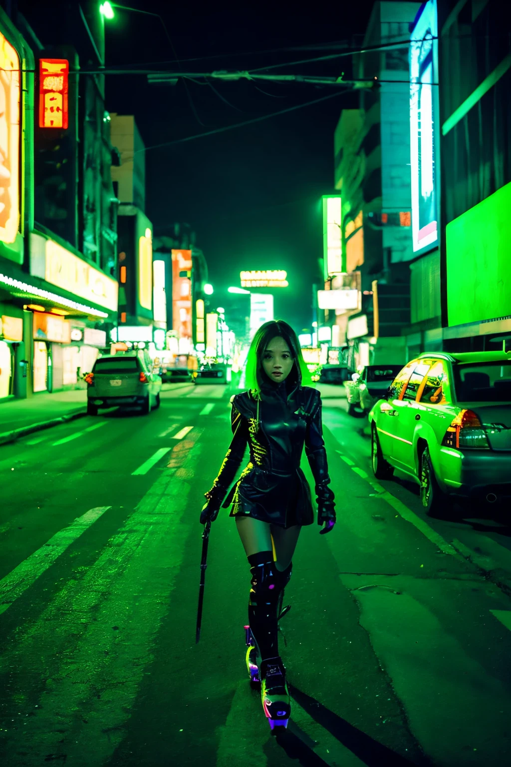 asian roller blade girl in full body suit skating aggressively escaping a nuclear explosion green neon lights in a dark futuristic dystopian future