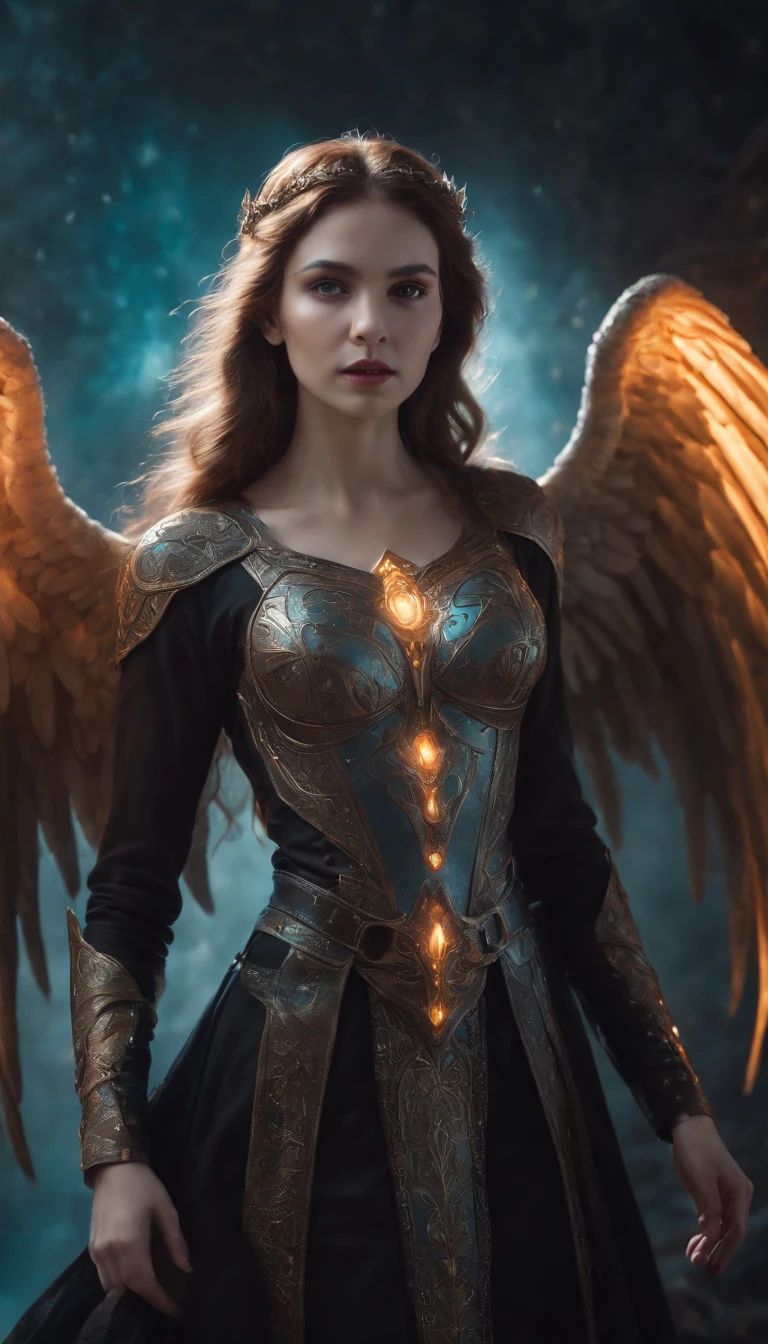 Cosmic Fallen Angel, Glowing light eyes, biomechanical, eldritch, Creepy, nightmarish, Very bright colors, light particles, with luminous light, Wallpaper Art, UHD wallpaper,medieval garb