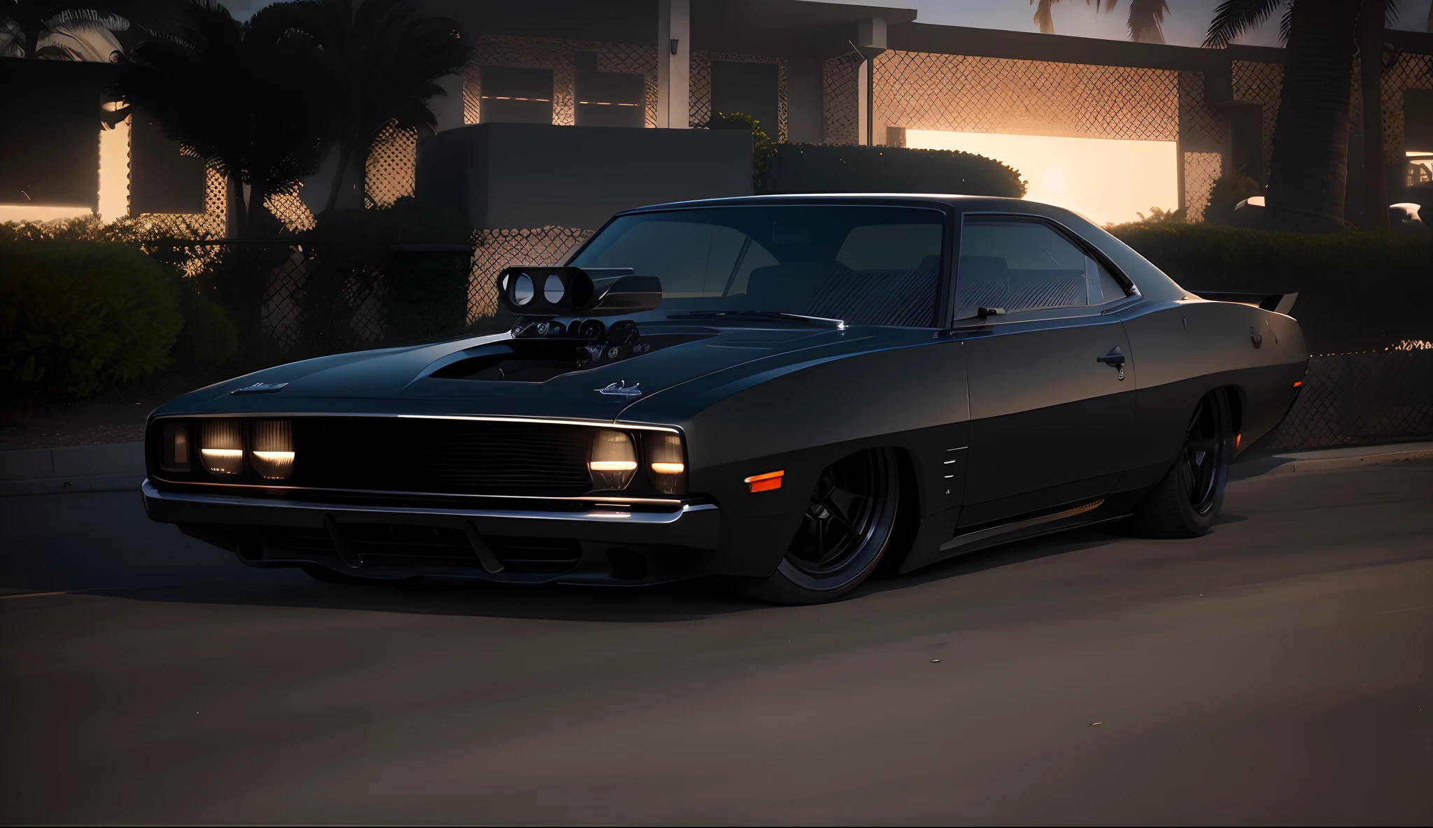 Imponente Preto Dodbe Charger Show Car, enormes rodas BBS, headlights logged in and on Ridiculously low stance parked near palm trees and beautiful mansions with oceanfront balconies with the sun shining through the clouds and reflecting everywhere and on the yachts in the background in sunny California