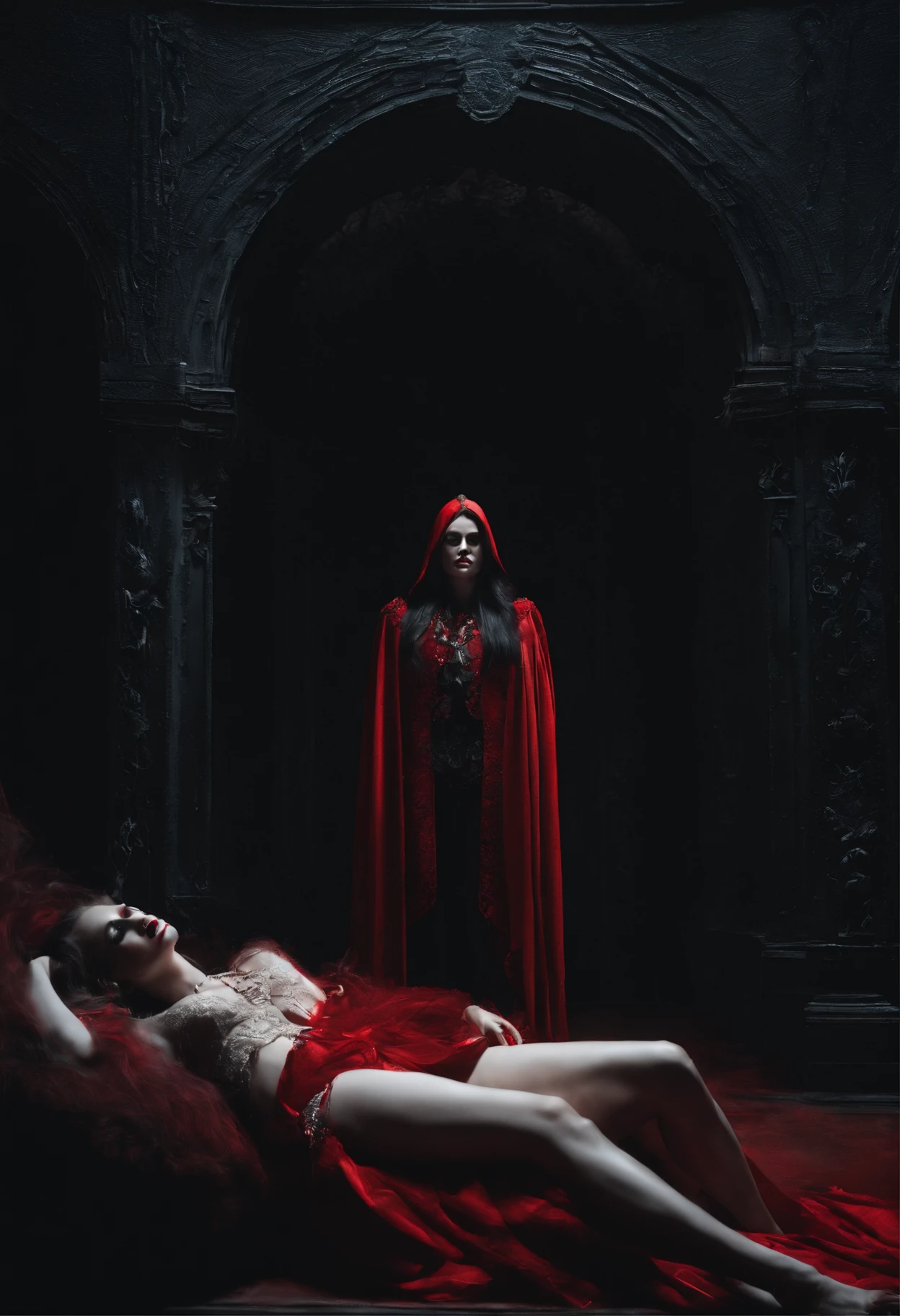 A vampire necromancer, blood moon, ray tracing, masterpiece, best quality, ultra quality, absurd details, best light, best shadow, sharp, sharp image, detailed, extremely detailed, great resolution, 8k, 4k, uhd, particle effects, beautiful effects, vivid colors, neon light, neon, light,