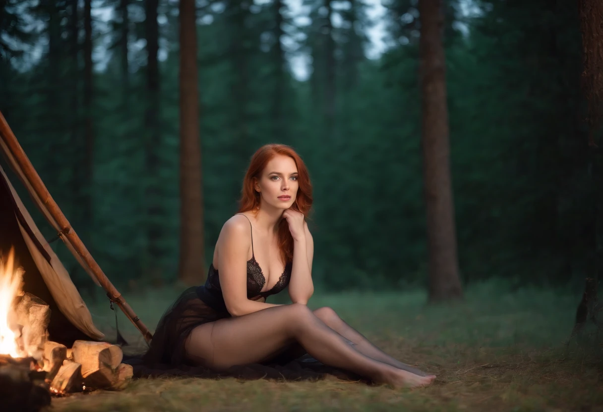Beautiful, sexy, attractive redhead, (black lingerie with stockings), sexy eyes, (camping), intimate, hot, sensual, on hands and knees, waiting, slutty, wide angle shot, (no extra legs), (No extra arms) night, campfire, tent in background, ((young man sitting in background)), perfect face, masterpiece, high quality