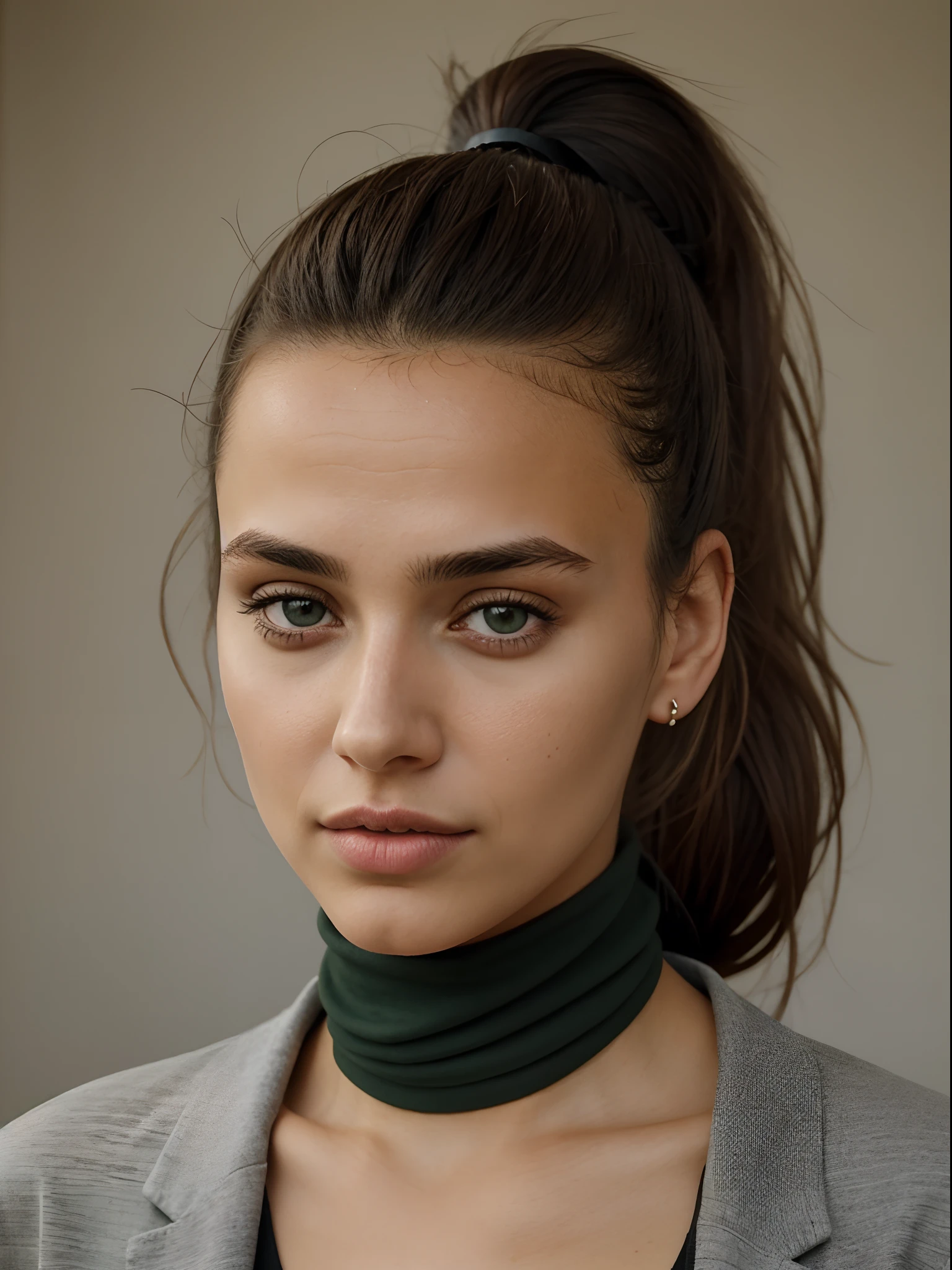 1Fille 23 ans, seulement, cheveux longs, style skateuse, brown ponytail hair, yeux bruns verts , Realstic, nez fin, big lip but not too big, un visage magnifique, un regard profond, French Moroccan Origin