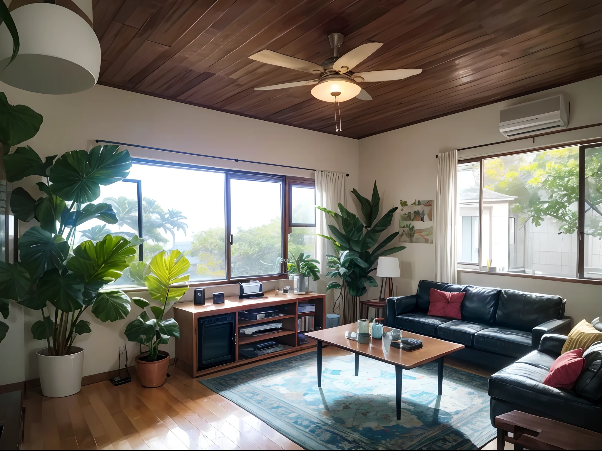 Living room, mid-century modern, bright and airy, monstera plant, exotic ceiling fan, rattan, tv counter, tv on the wall, whitewash wall, zen, wabi sabi, square coffee table, computer desk in the back, 4k