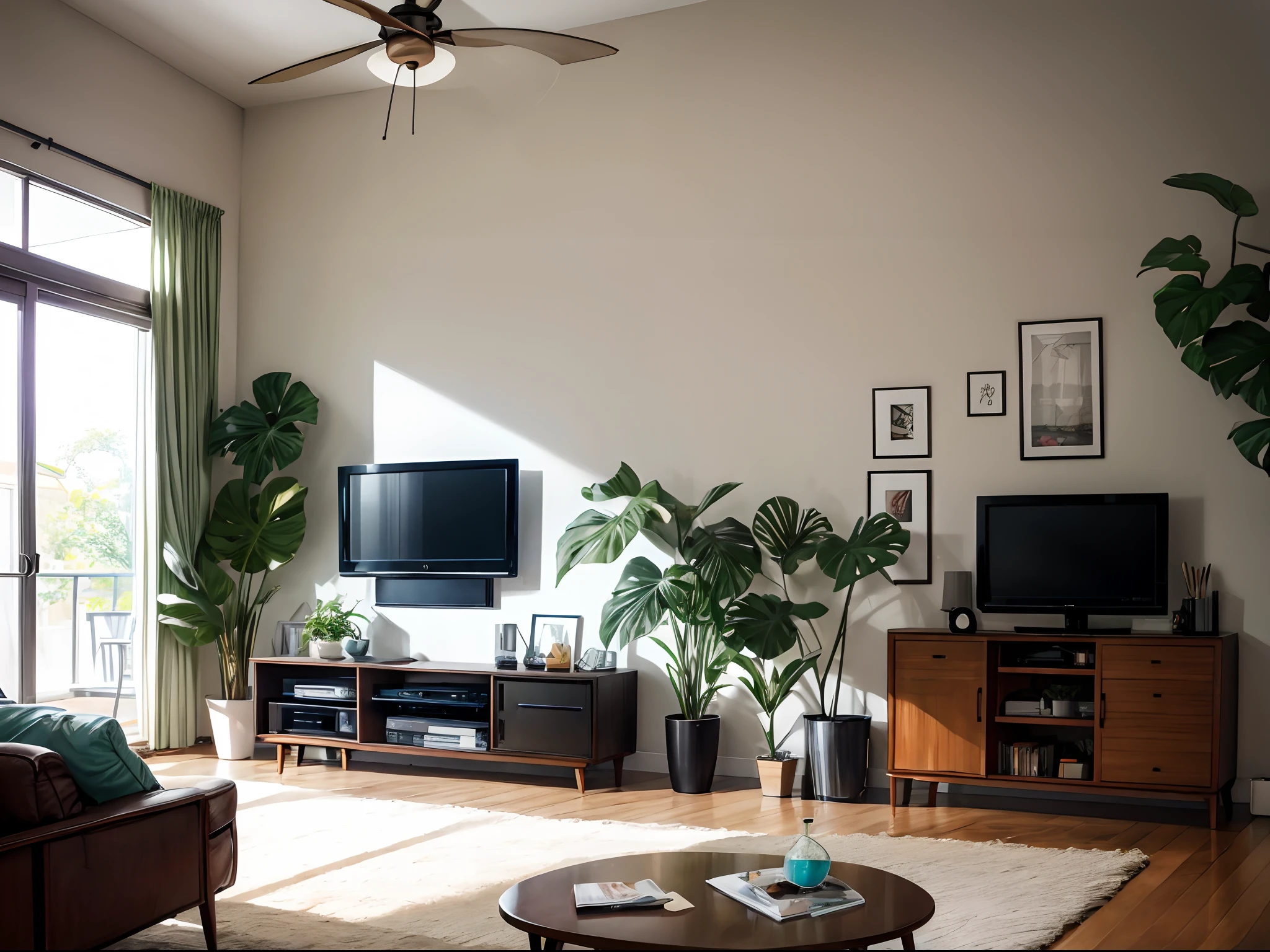 Living room, mid-century modern, bright and airy, monstera plant, exotic ceiling fan, rattan, tv counter, tv on the wall, whitewash wall, zen, wabi sabi, square coffee table, computer desk in the back, 4k