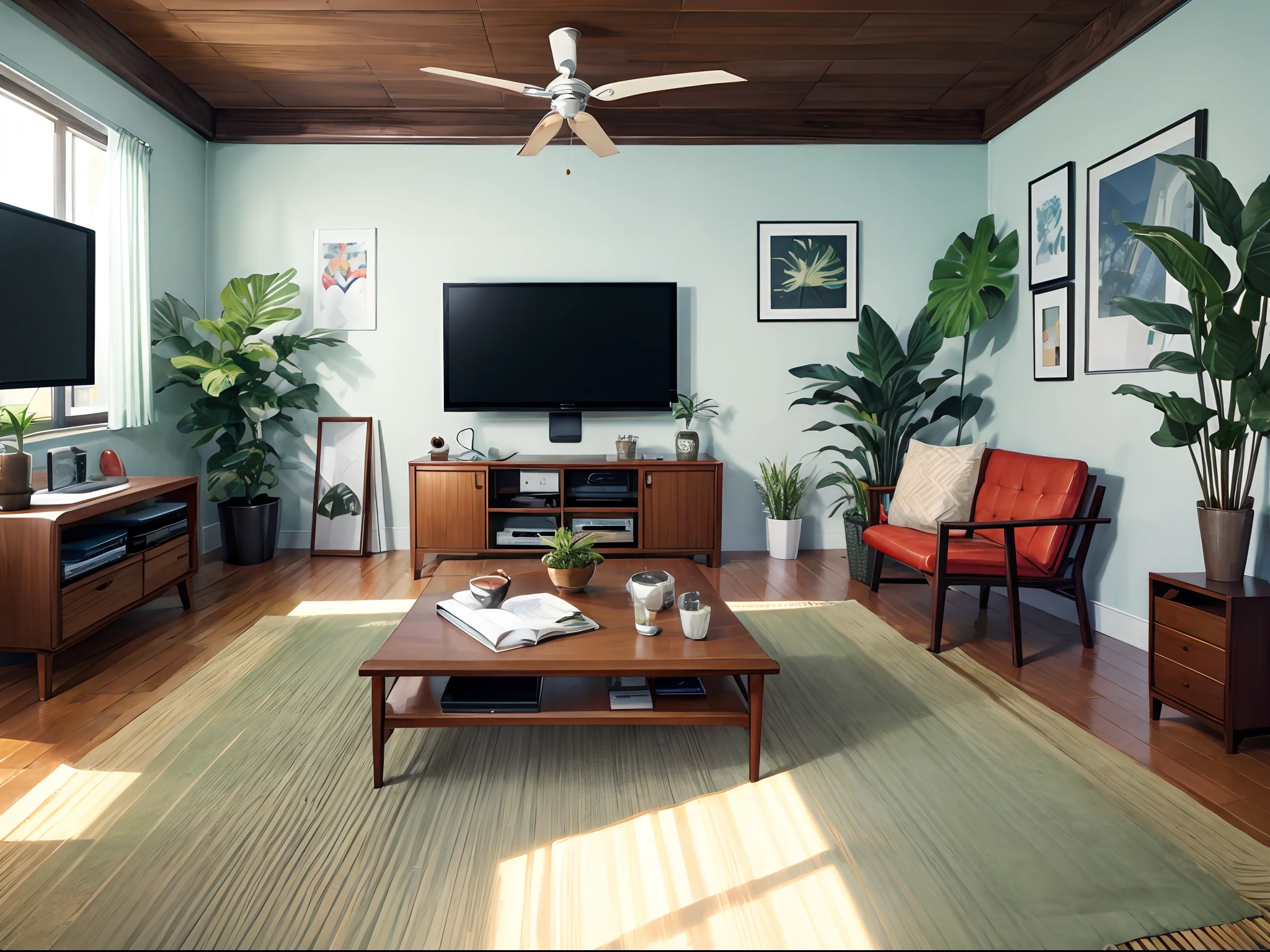 Living room, mid-century modern, bright and airy, monstera plant, exotic ceiling fan, rattan, tv counter, tv on the wall, whitewash wall, zen, wabi sabi, square coffee table, computer desk in the back, 4k