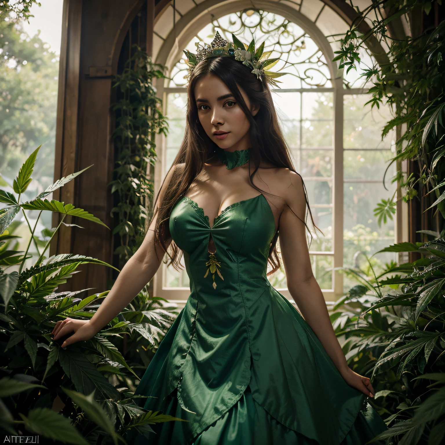 Arafed woman with green marijuana leaves on her head and a dress, personification of marijuana, Princesa da Cannabis, Retrato de uma Dryad, 8k arte detalhada de alta qualidade, Arte digital altamente detalhada em 4k, Deusa da Floresta, Arte no estilo de Guweiz, bela arte digital, estilo de arte de fantasia, arte de anime digital detalhada, art by Guweiz