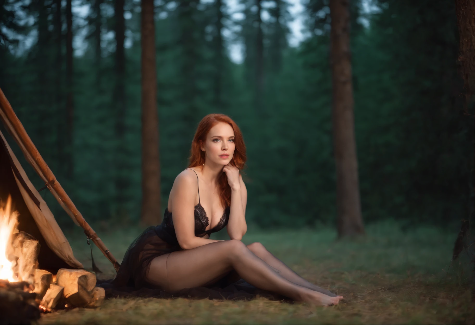 Beautiful, sexy, attractive redhead, (black lingerie with stockings), sexy eyes, (camping), intimate, hot, sensual, on hands and knees, waiting, slutty, wide angle shot, (no extra legs), (No extra arms) night, campfire, tent in background, ((young man sitting in background)), perfect face, masterpiece, high quality