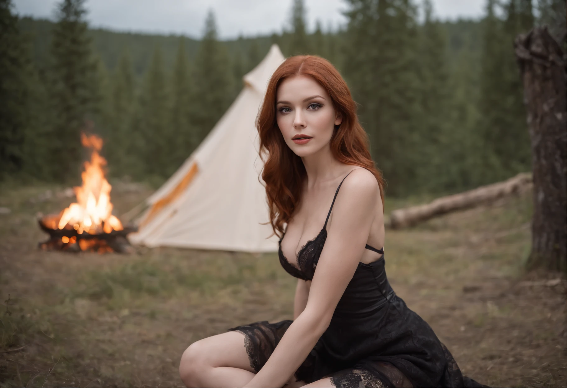 Beautiful, sexy, attractive redhead, (black lingerie with stockings), sexy eyes, (camping), intimate, hot, sensual, on hands and knees, waiting, slutty, wide angle shot, (no extra legs), (No extra arms) night, campfire, tent in background, ((young man sitting in background)), perfect face, masterpiece, high quality