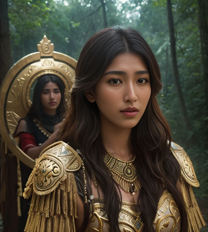 RAW photo, (Dichen_Lachman), 8k UHD, DSLR, soft lighting, high quality, film grain, Highly detailed, 1woman, (highly detailed skin), realistic, splendid, (realistic face), serious look, (full body), aztec armor, ornate details, perspective, complex backgrounds, forest, dinosaurs