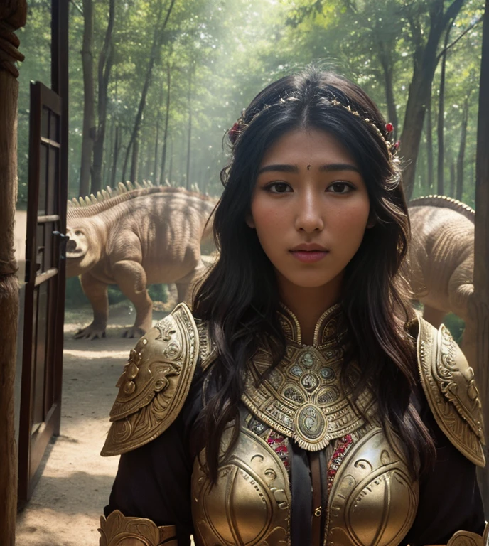 RAW photo, (Dichen_Lachman), 8k UHD, DSLR, soft lighting, high quality, film grain, Highly detailed, 1woman, (highly detailed skin), realistic, splendid, (realistic face), serious look, (full body), aztec armor, ornate details, perspective, complex backgrounds, forest, dinosaurs