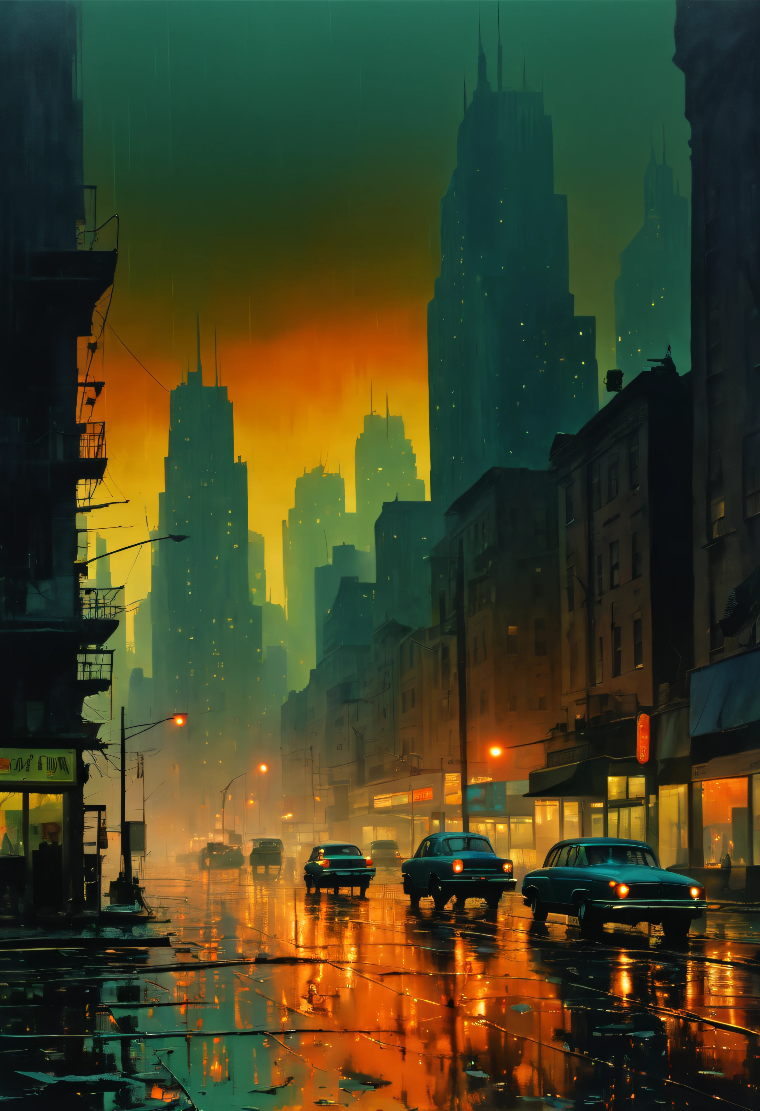 acid rain cityscape at dusk in the style of Ernst Haas