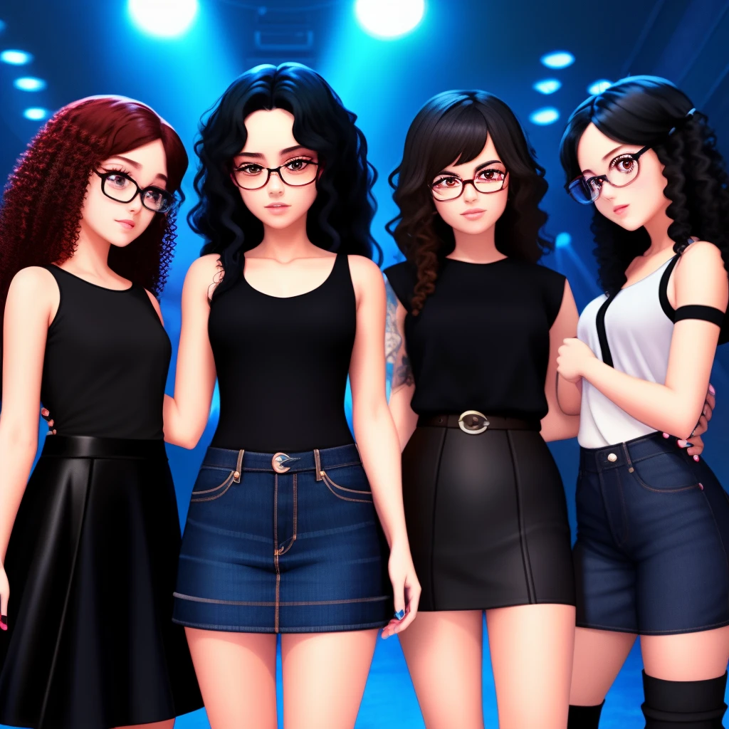 disney pixar style , 4 girls at a nightclub one wearing glasses with a black dress , black hair and boots , another girl wearing a black shirt with bluejean skirt and boots , another girl wearing black short with bootcut jeans and with long black hair and a girl wearing a black dress with long red curly hair